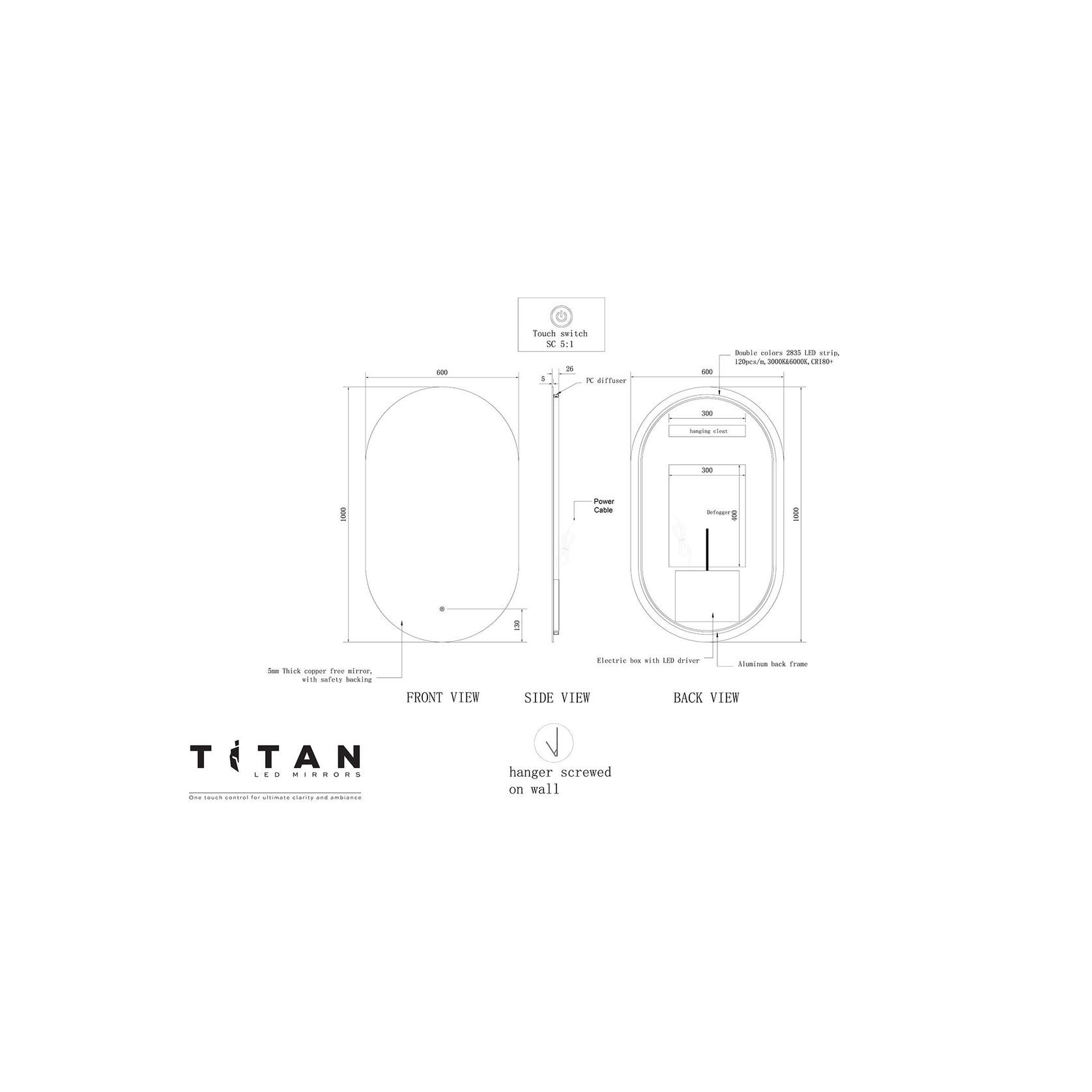 Eclipse Titan LED Mirror With Demister 600x1000mm gallery detail image