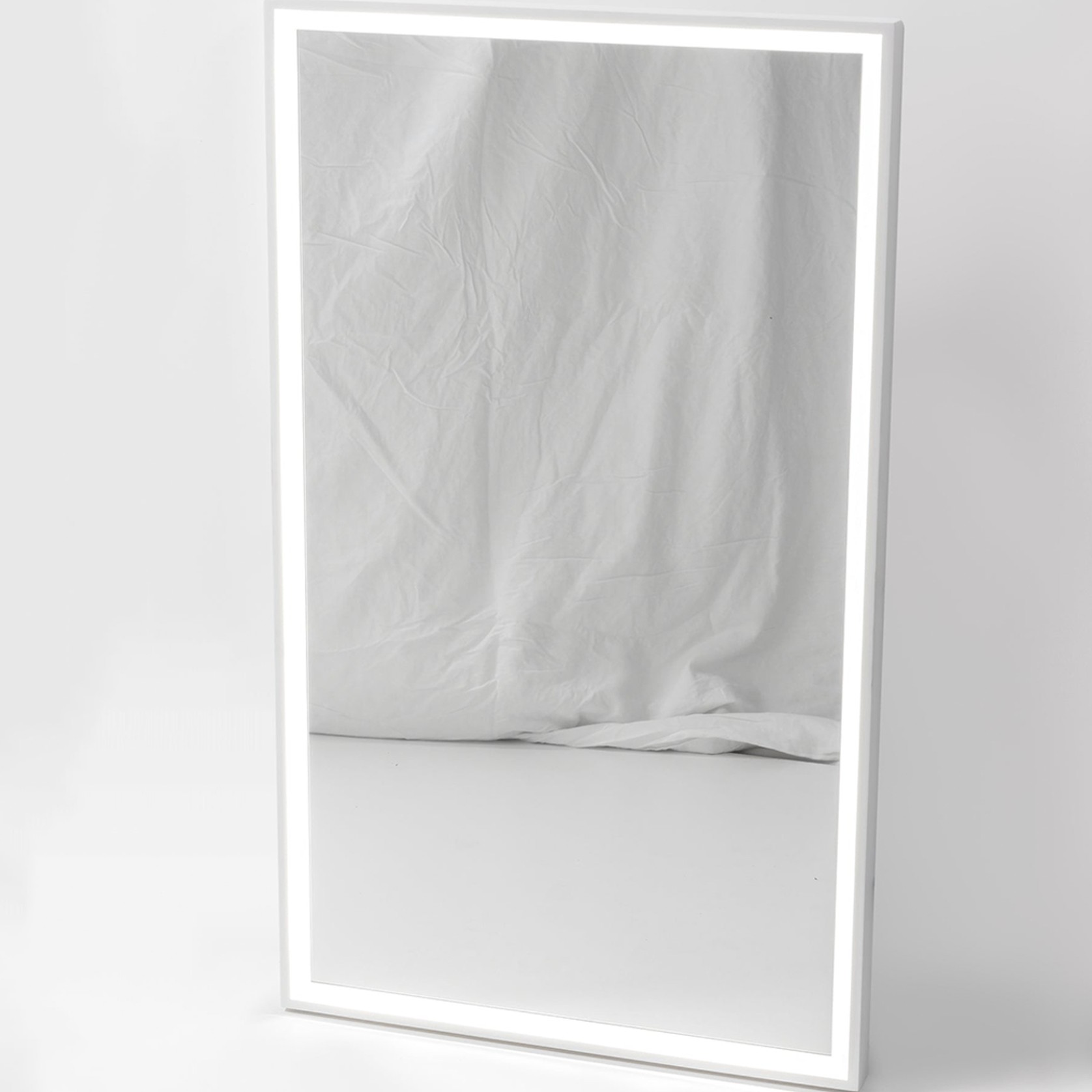 Capri Rectangle Mirror with Matte White Stone Frame and LED light gallery detail image