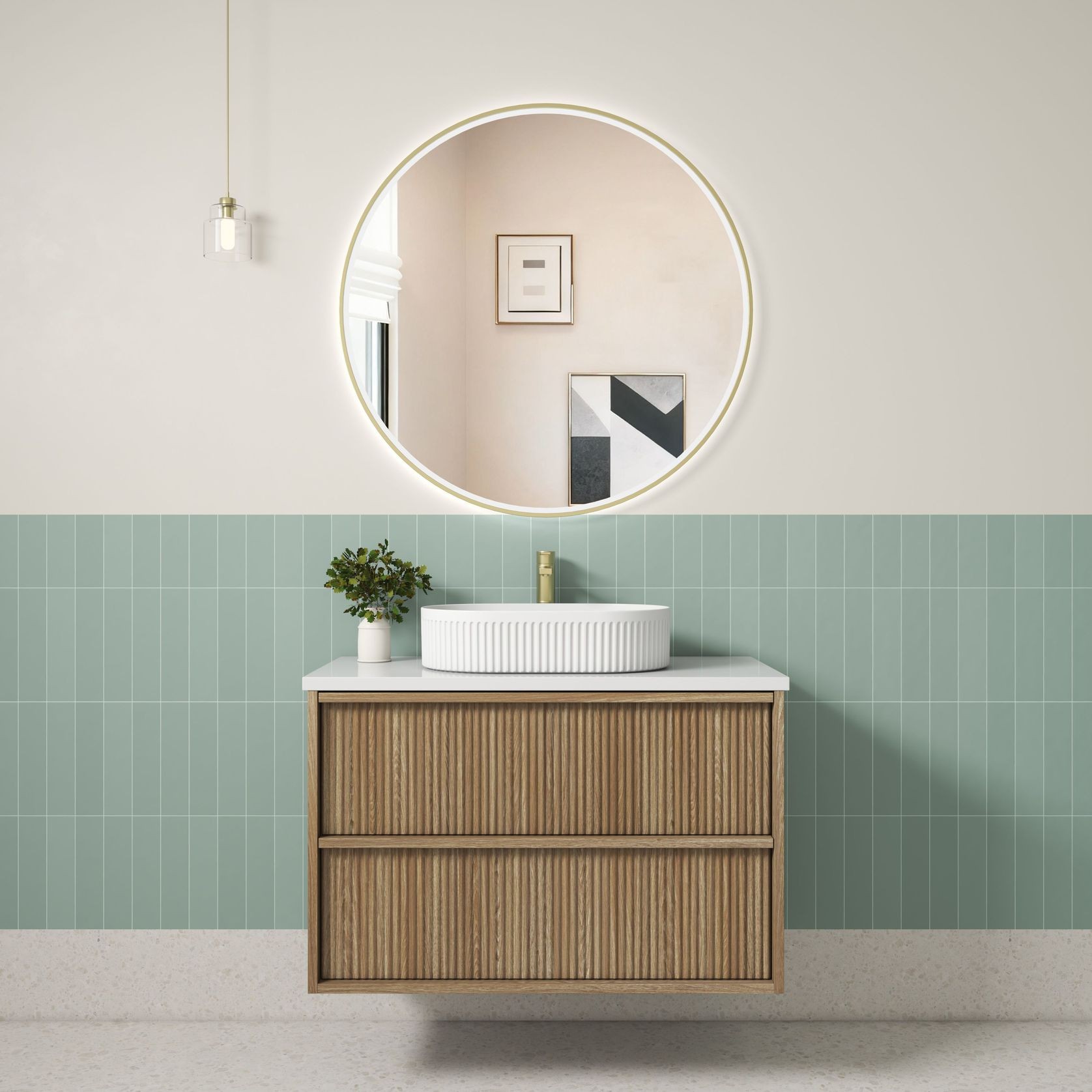 Aulic Venetta Fluted Wall Hung 900m Harvest Oak Cabinet gallery detail image