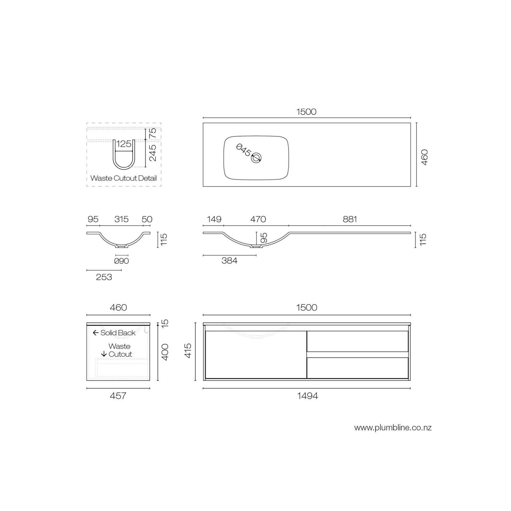 Prava Spio 1500 3 Drawer Left Vanity gallery detail image