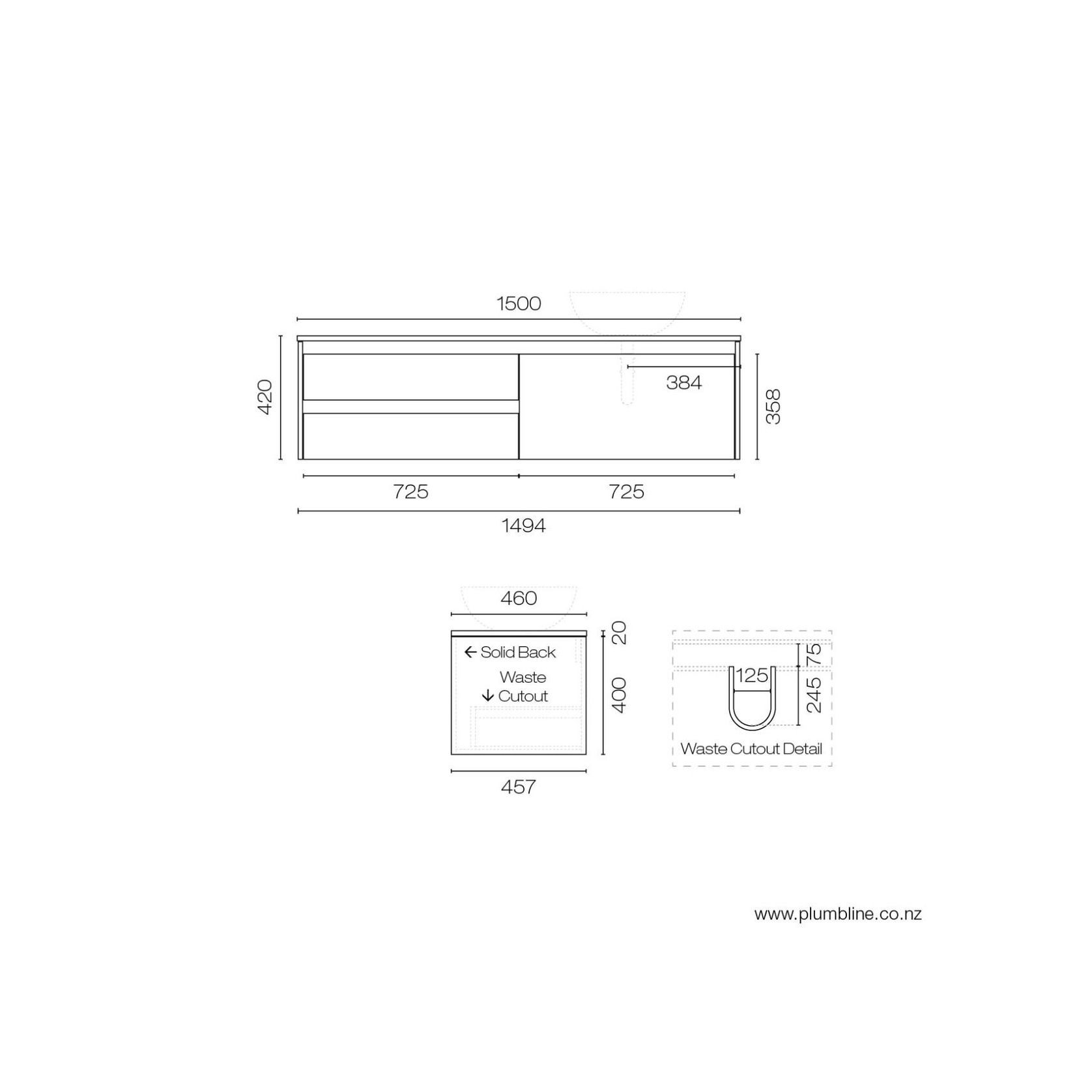 Stanza Legno 1500 3 Drawer Vanity Right gallery detail image