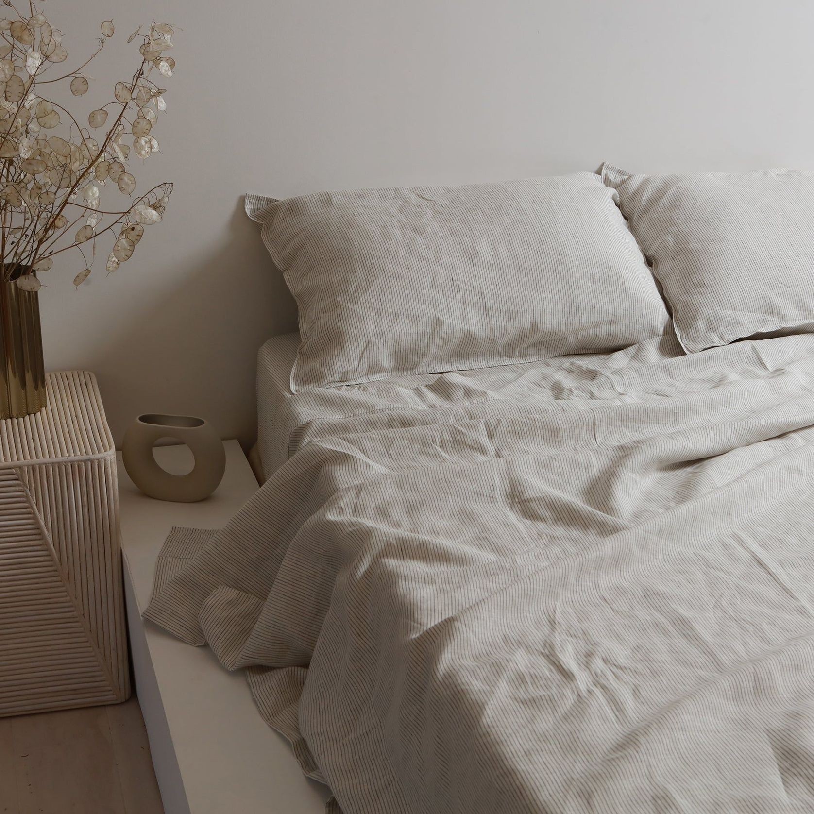 100% French Flax Linen Fitted sheet - Charcoal Pinstripe gallery detail image