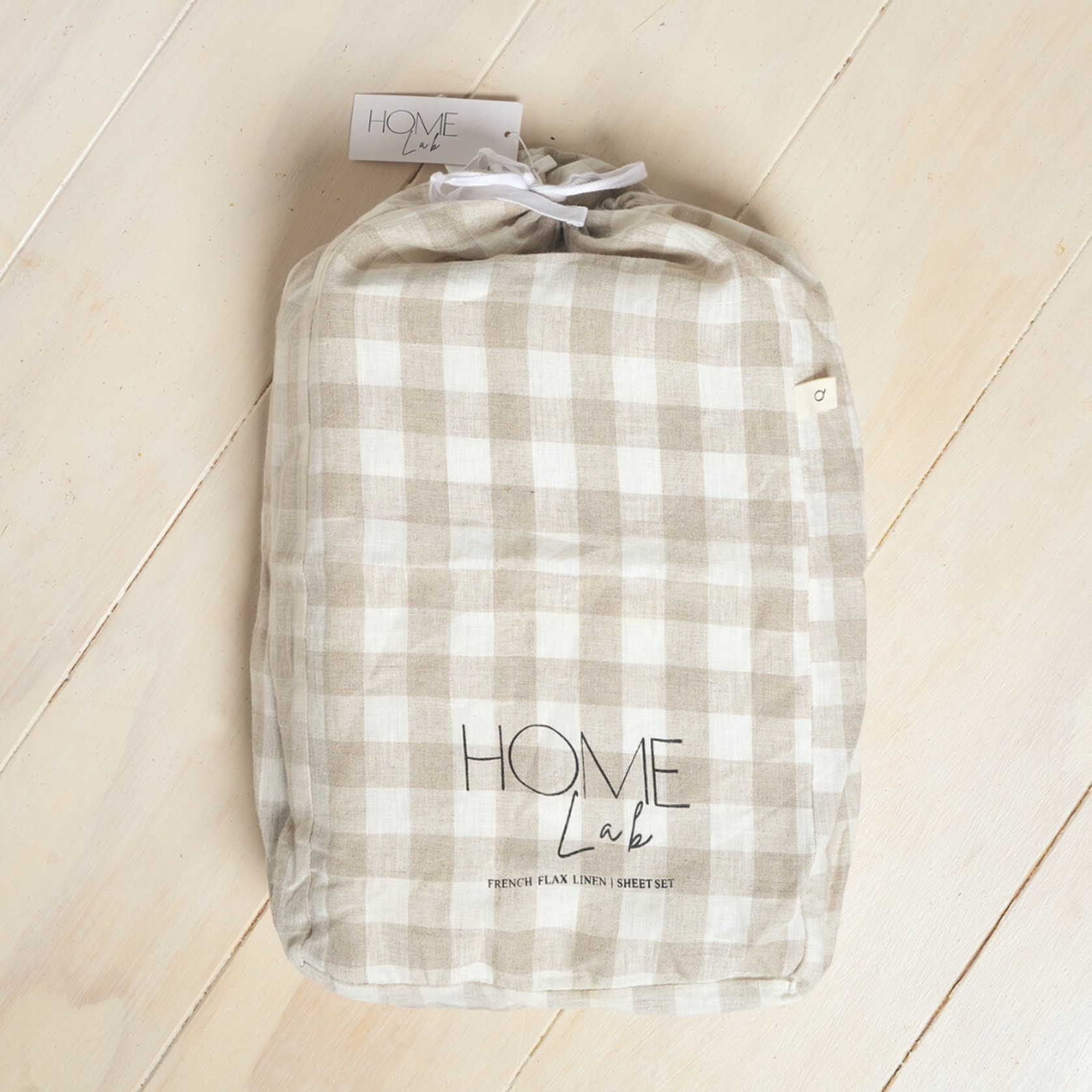 100% French Flax Linen Sheet Set Natural Gingham gallery detail image