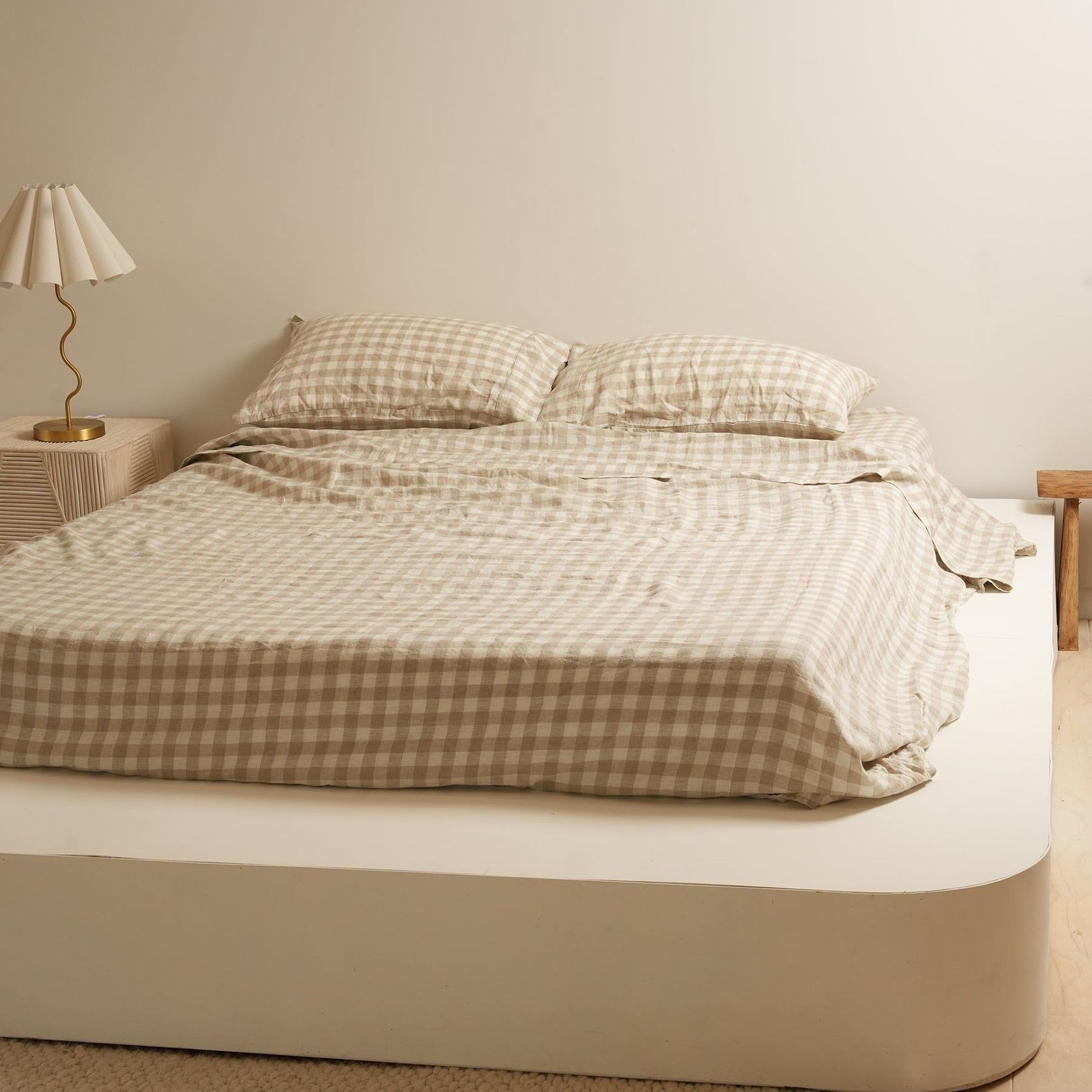 100% French Flax Linen Sheet Set Natural Gingham gallery detail image