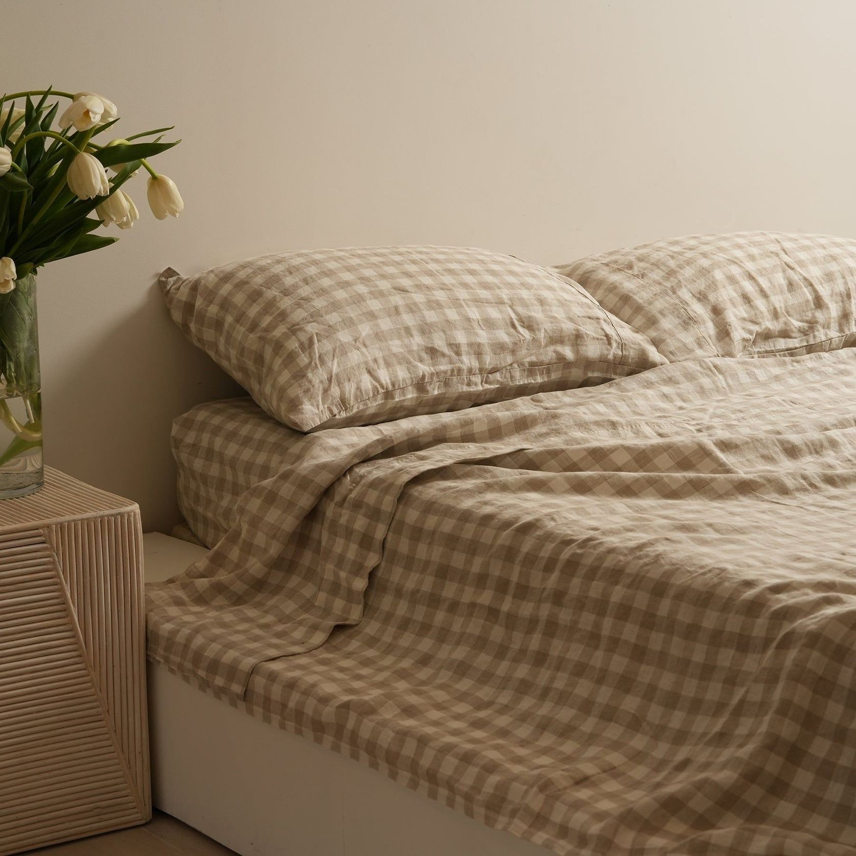 100% French Flax Linen Sheet Set Natural Gingham gallery detail image