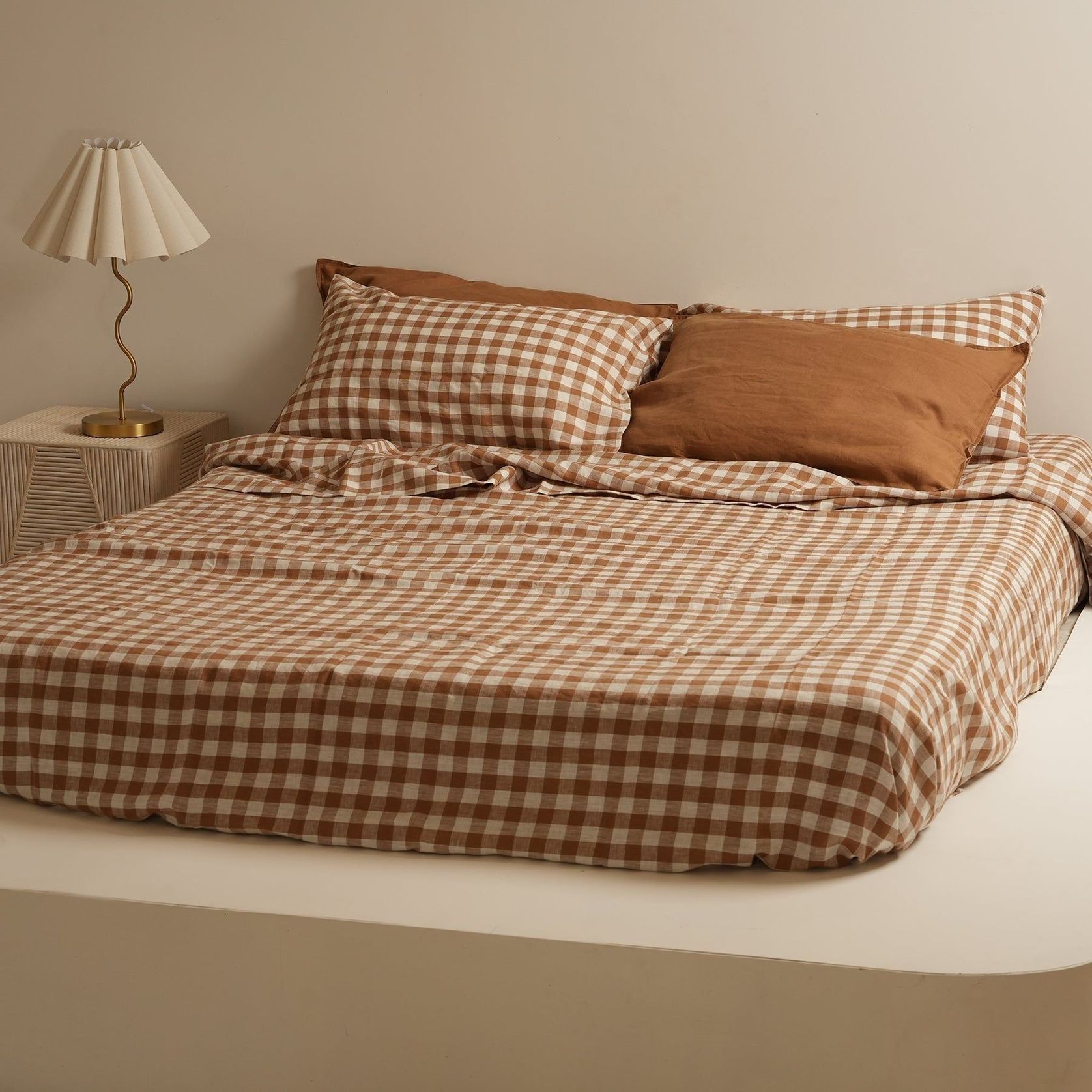 100% French Flax Linen Sheet Set - Ginger Gingham gallery detail image