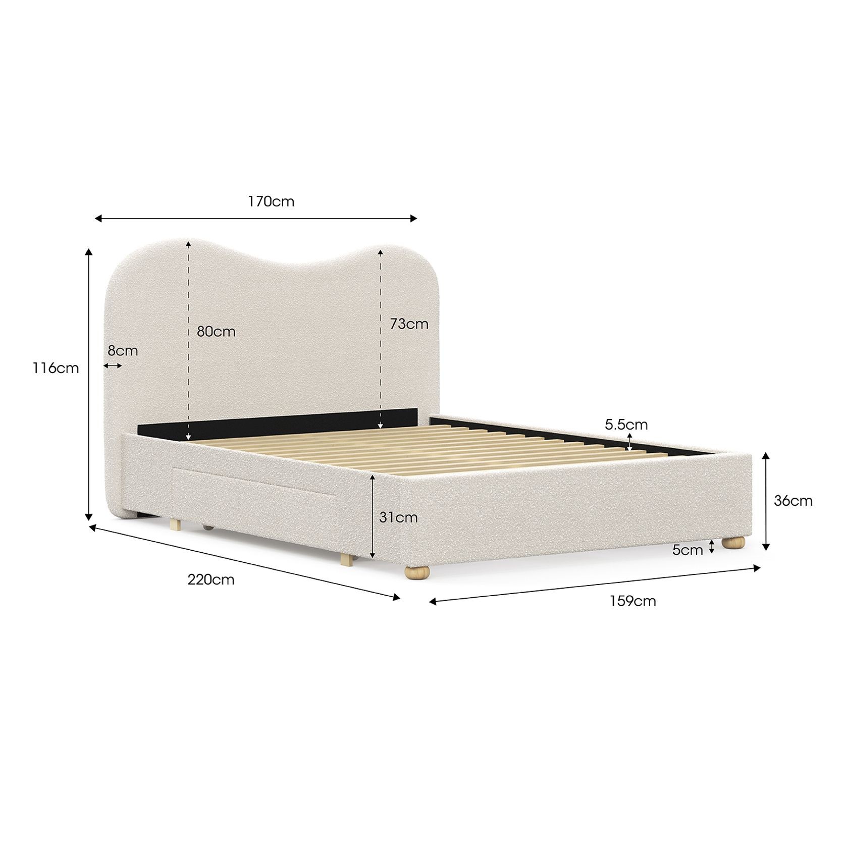 Aira Queen 2 Drawer Storage Bed Frame | Cream Boucle gallery detail image