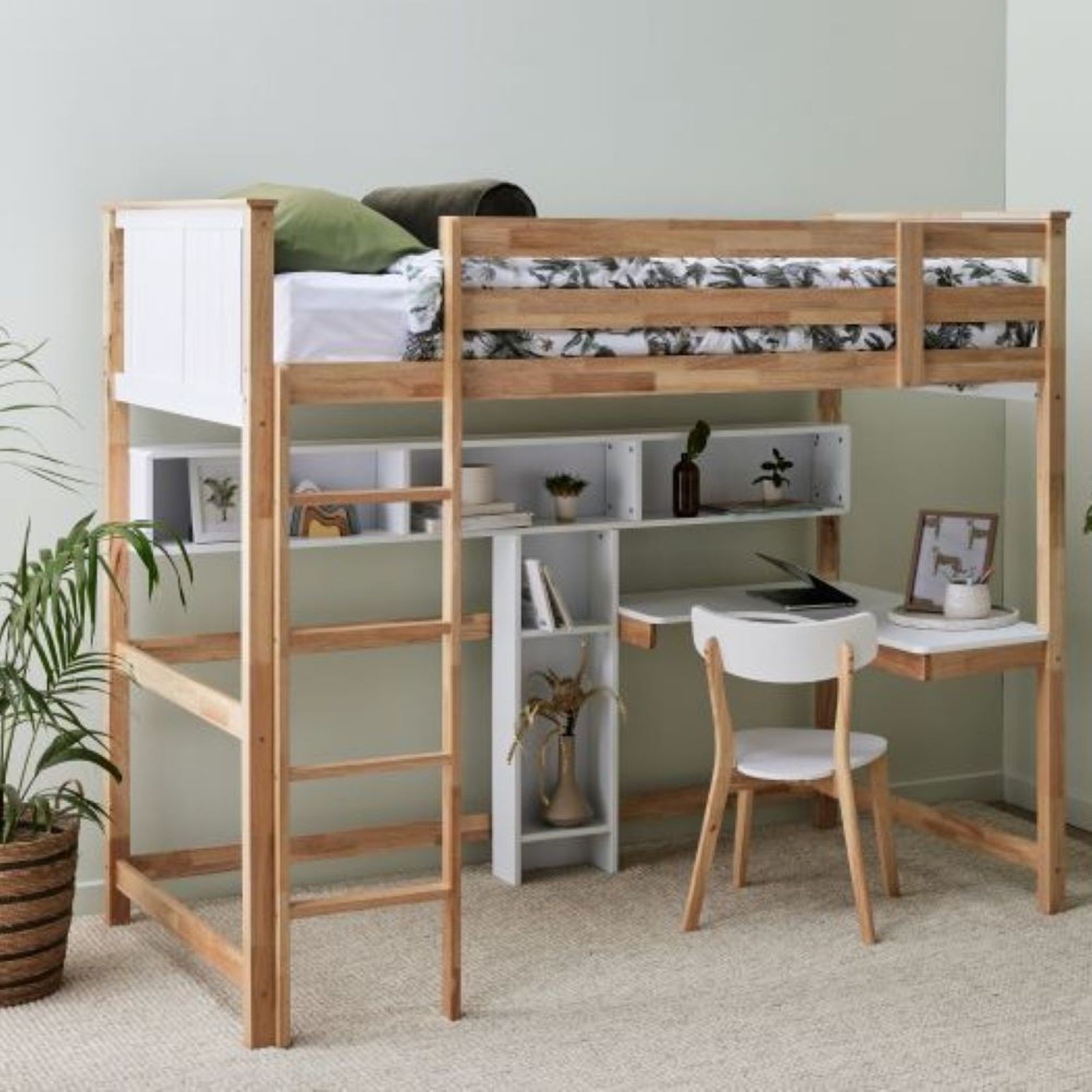 Buddy King Single Loft Bed with Desk and Shelves | Natural Hardwood Frame gallery detail image