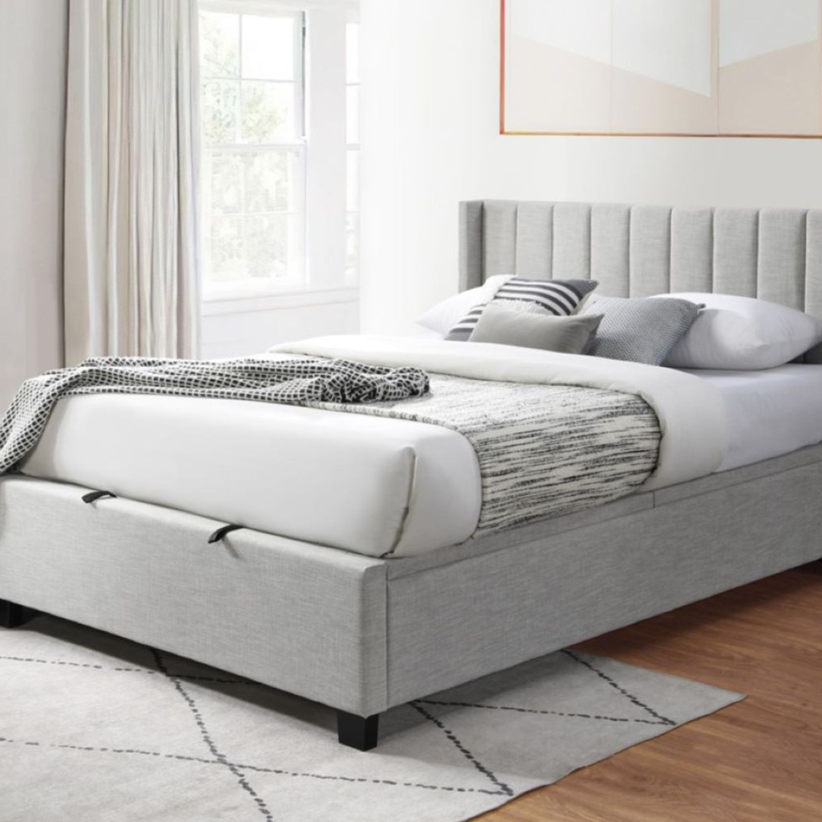 Webster Gas Lift Storage Double Bed | Light Grey Fabric gallery detail image