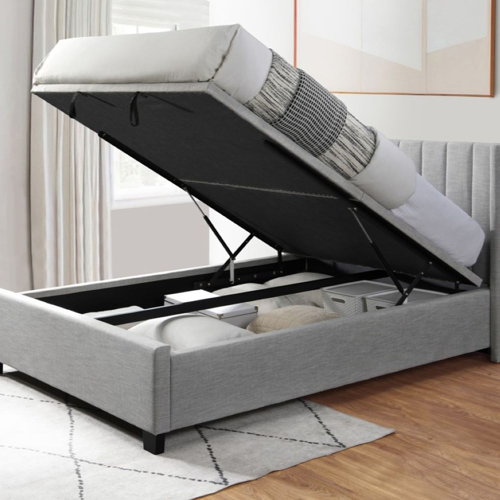 Webster Gas Lift Storage Double Bed | Light Grey Fabric gallery detail image