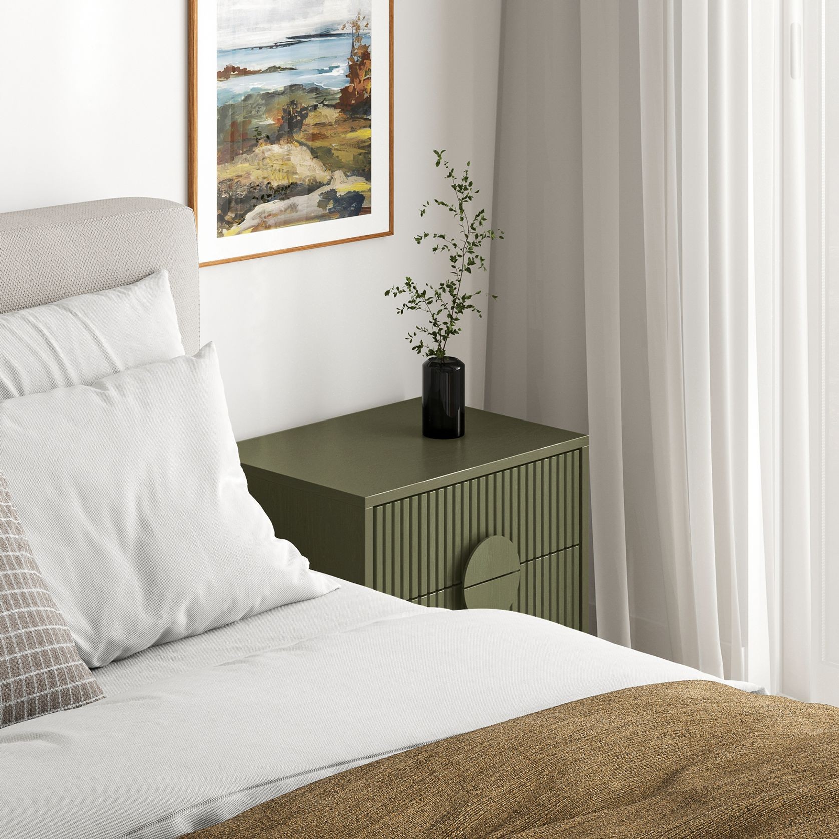 Braxton 2 Drawer Ripple Slatted Bedside Table | Olive Green gallery detail image