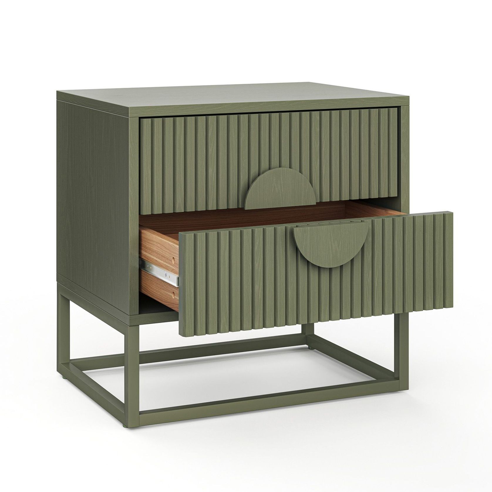 Braxton 2 Drawer Ripple Slatted Bedside Table | Olive Green gallery detail image