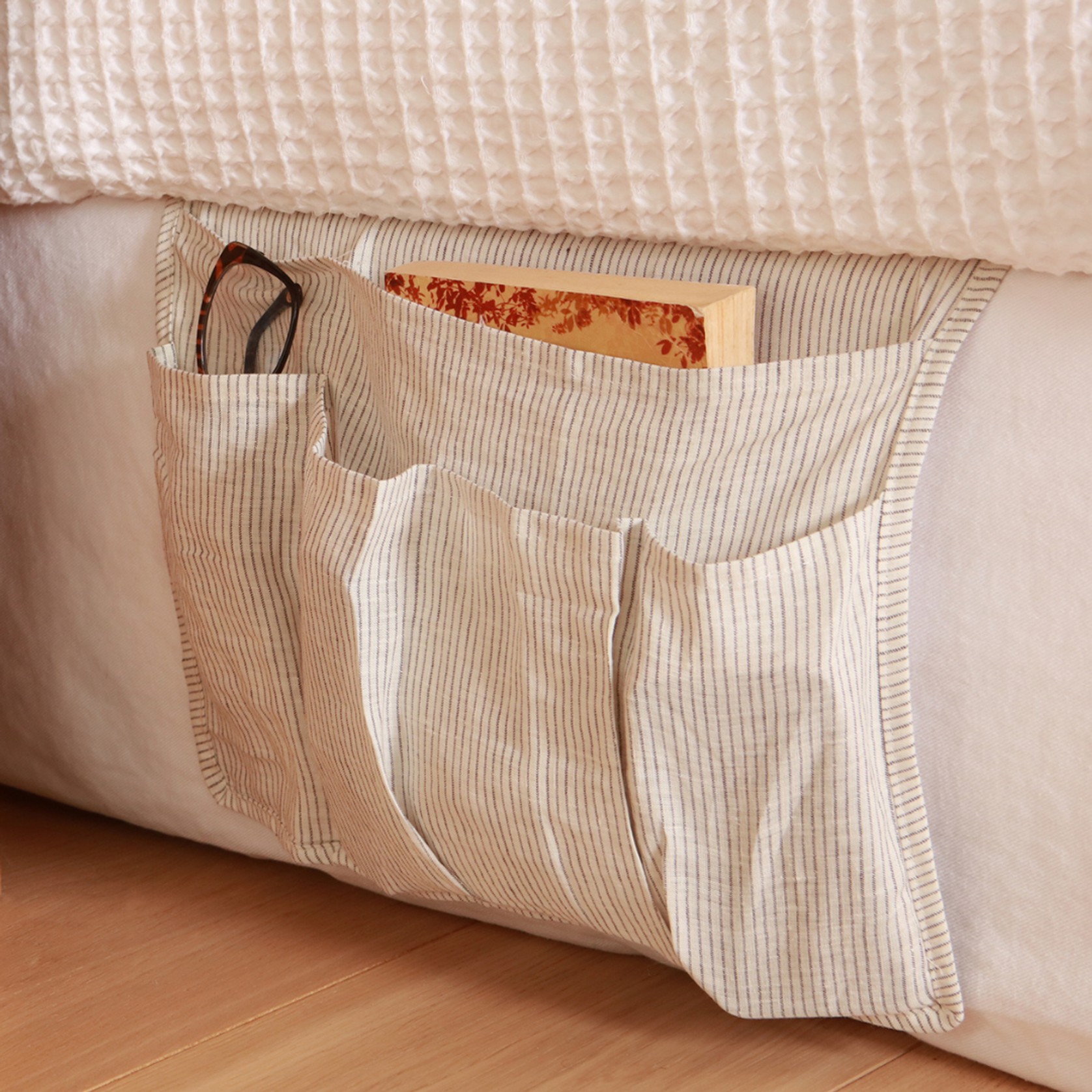 100% French Flax Linen Bedside Organiser- Charcoal Pinstripe gallery detail image