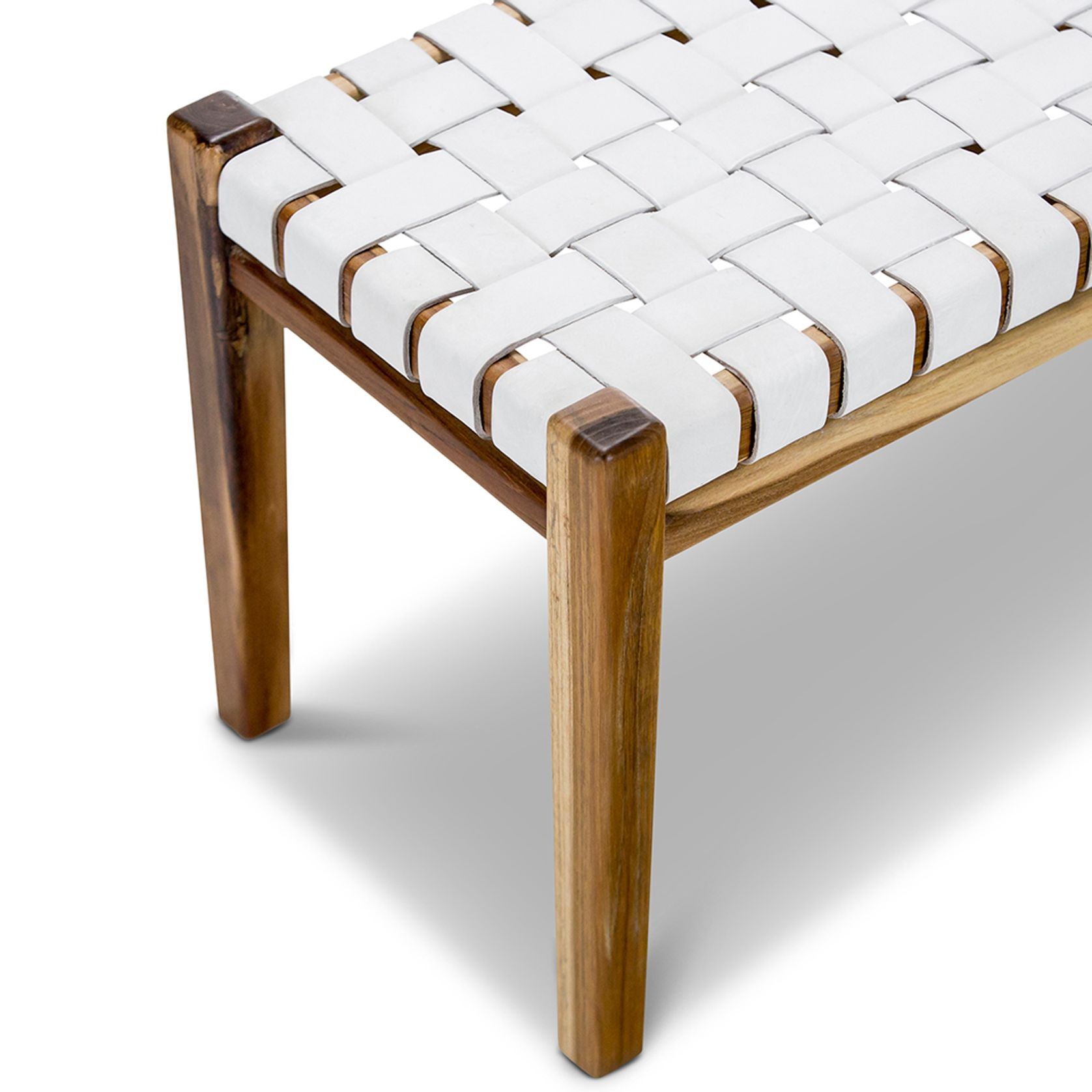 Lazie Leather Strapping Bench | Teak & White gallery detail image