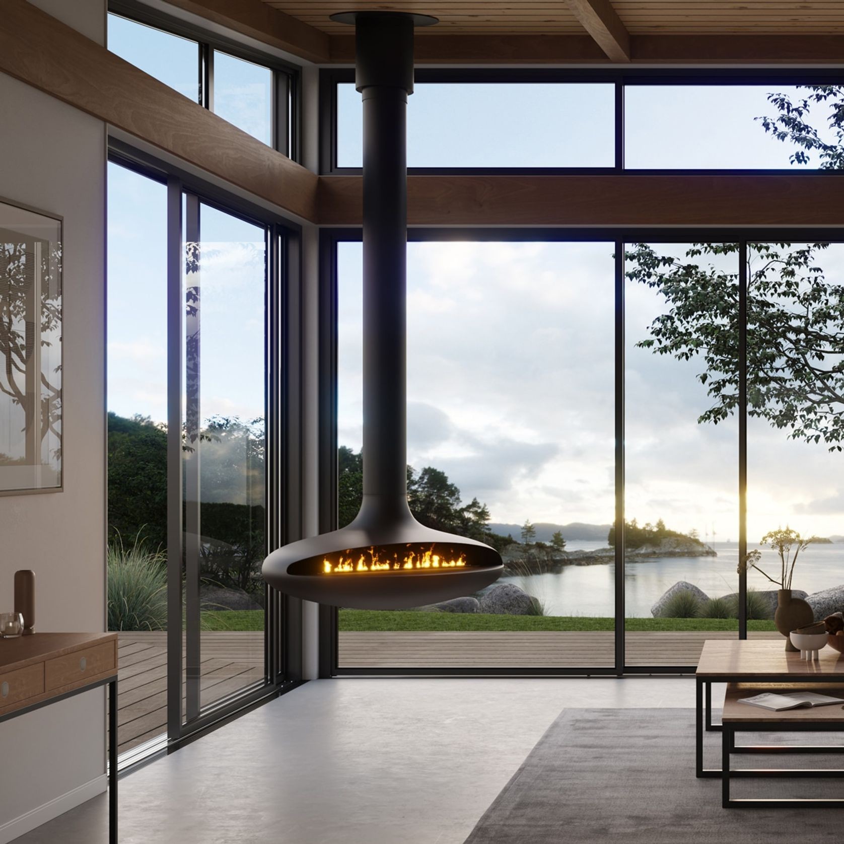 Naked Flame Curve-120 Suspended Fireplace | ArchiPro NZ