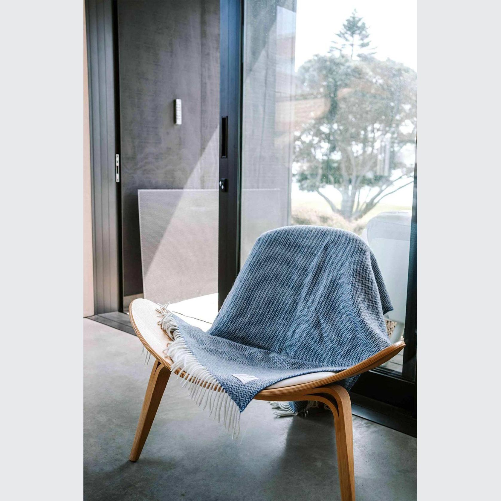 Ruanui Station Lambswool Throw - Blue Cliffs Blue Chevron gallery detail image