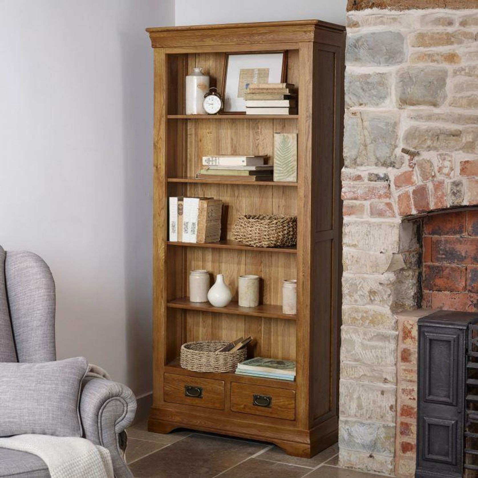 French Rustic Solid Oak Tall Bookcase gallery detail image