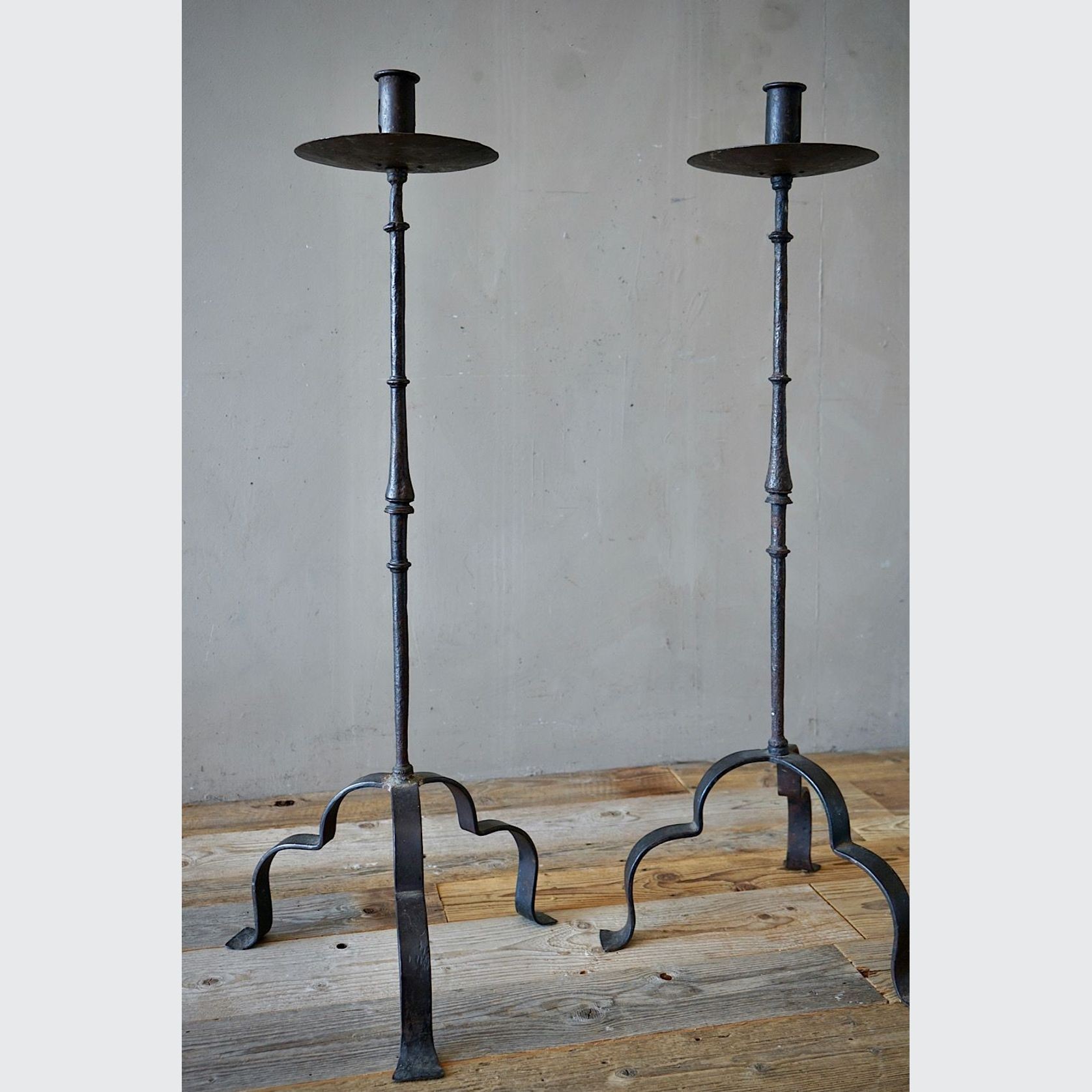 Large Antique Italian Wrought-Iron Candlesticks (Pair) gallery detail image