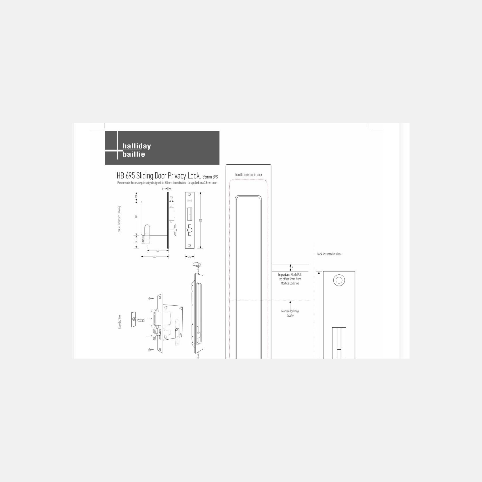 HB695 Series Sliding Door Privacy Lock - 55mm Backset gallery detail image