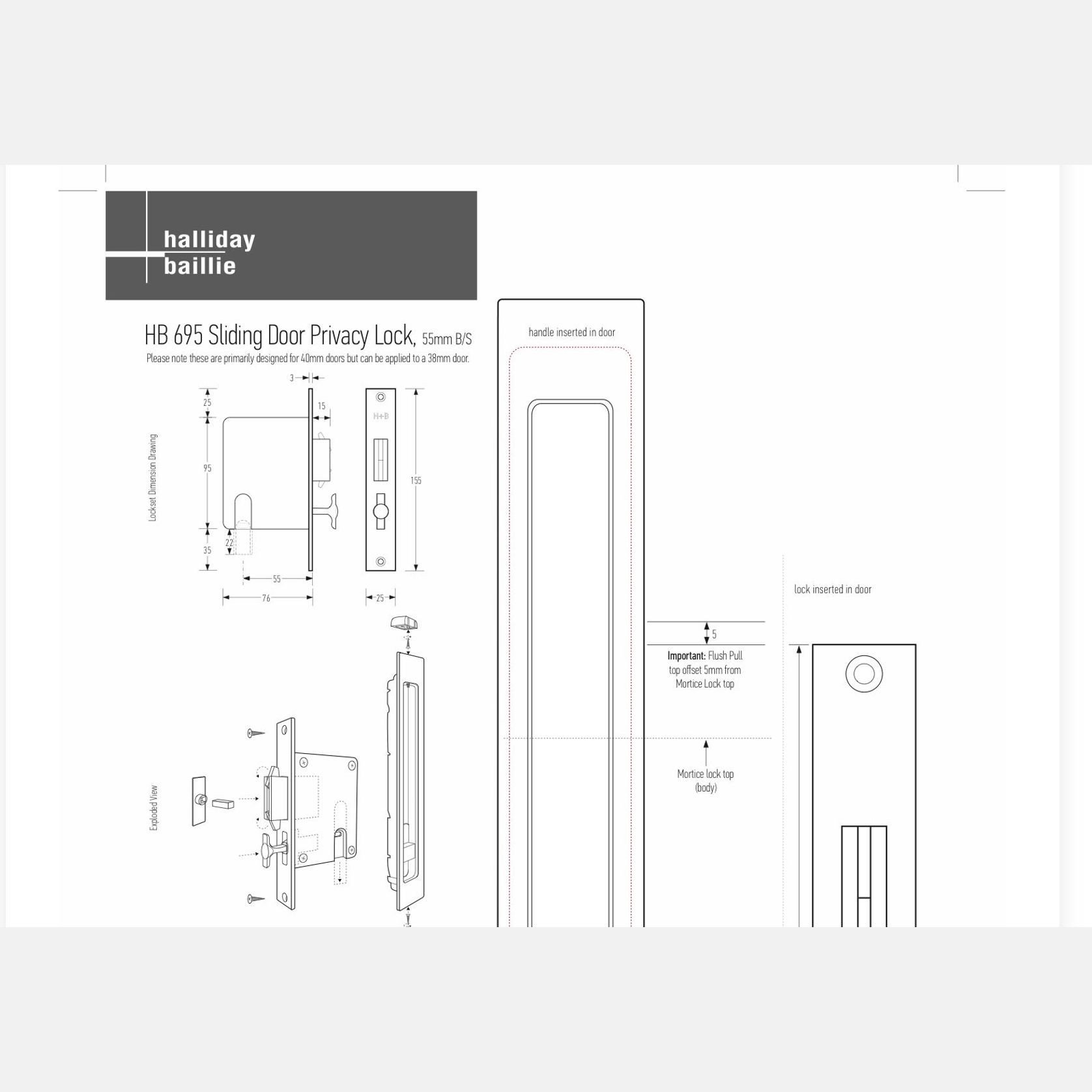 HB695 Series Sliding Door Privacy Lock - 55mm Backset gallery detail image