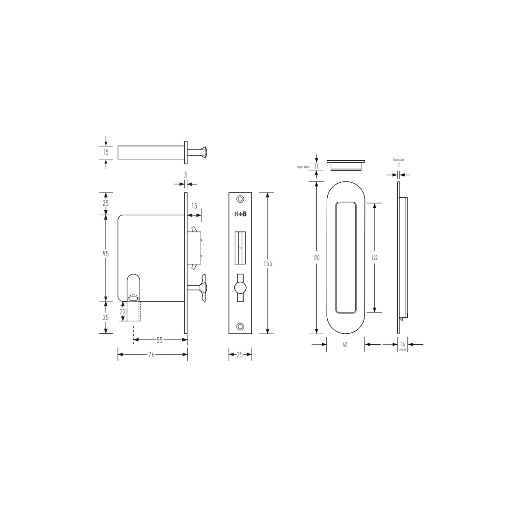 HB890 Brass Soft Edge Privacy Lock for Sliding Doors gallery detail image