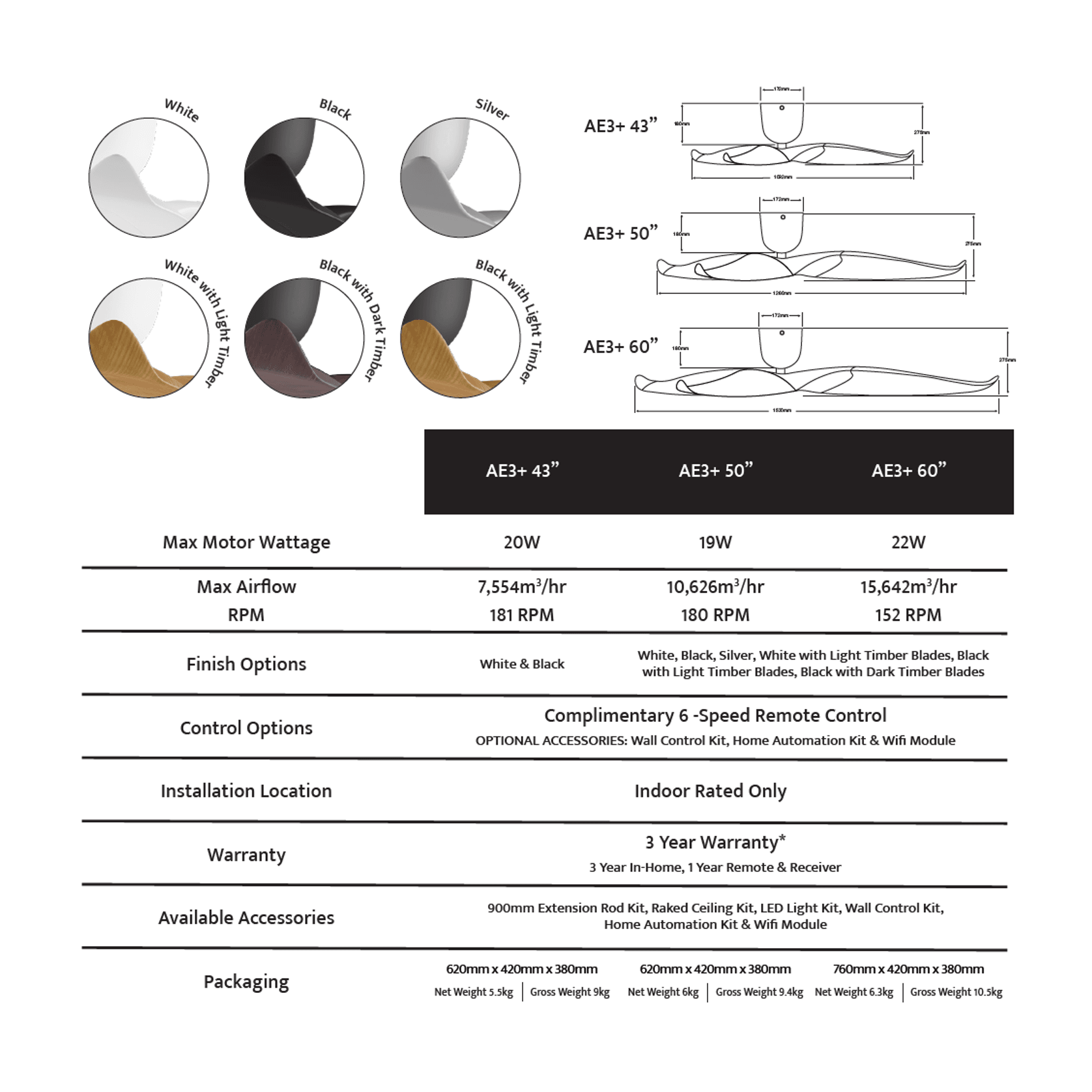 Aeratron AE3+ Ceiling Fan (Black / White / Timber) gallery detail image