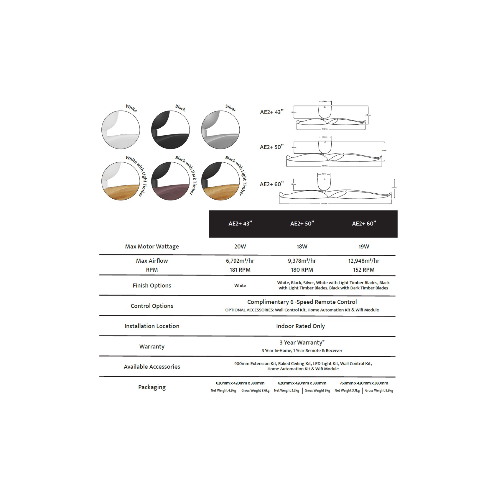 Aeratron AE2+ Ceiling Fan (Black / White / Timber) gallery detail image