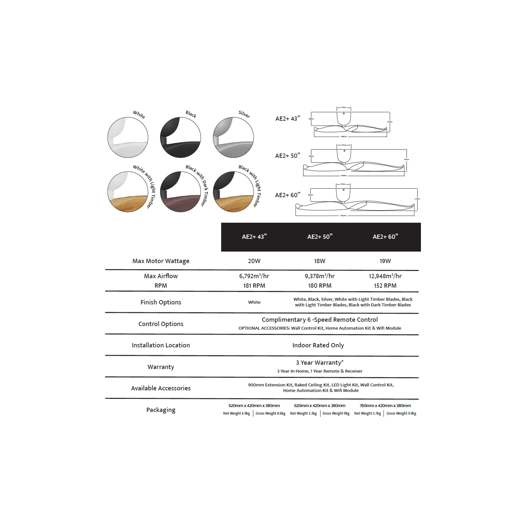 Aeratron AE2+ Ceiling Fan (Black / White / Timber) gallery detail image