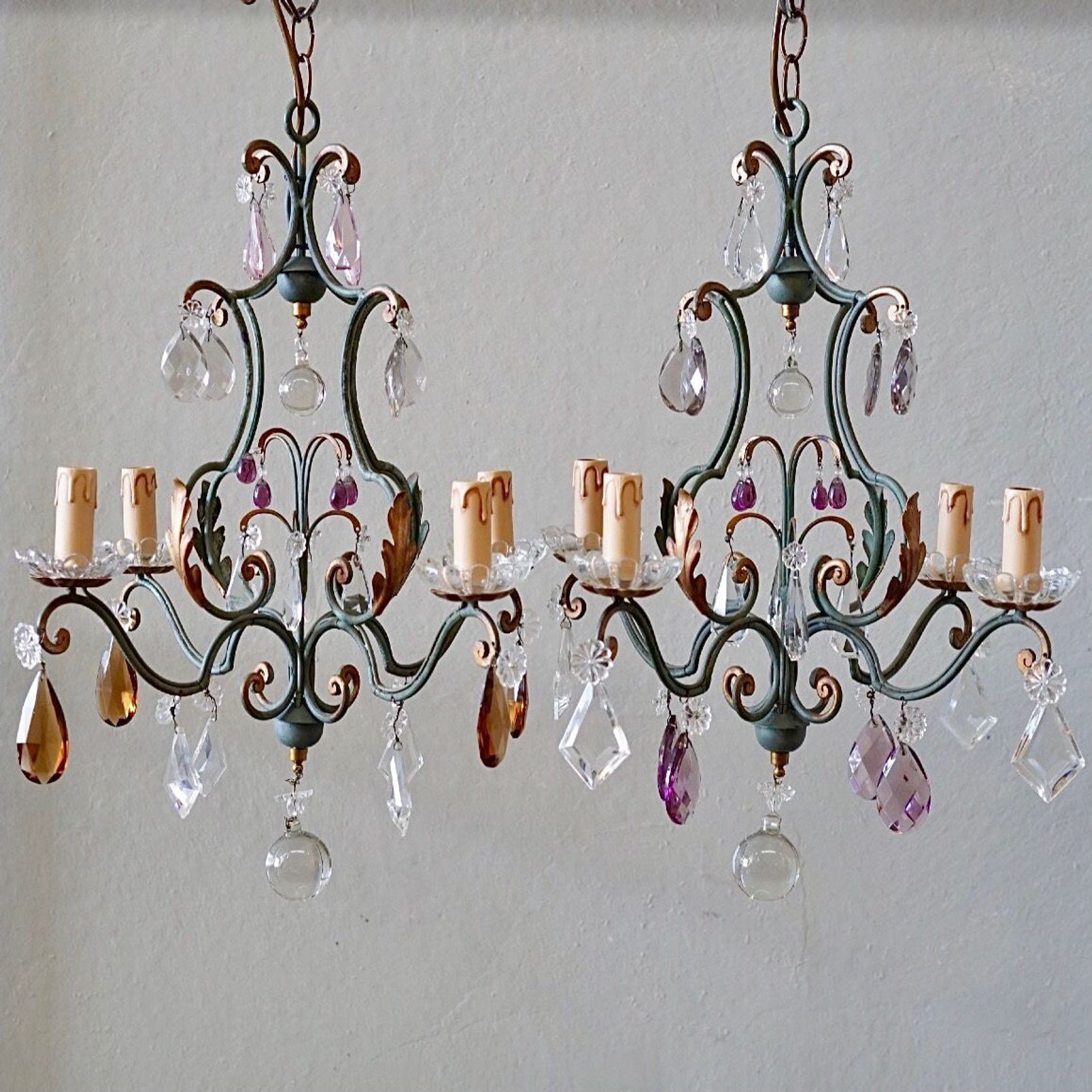 French Wrought Iron & Glass Chandeliers (pair) gallery detail image
