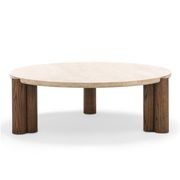 Amaya 110cm Round Travertine Coffee Table | Cream & Brown Oak gallery detail image