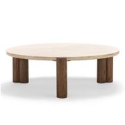 Amaya 110cm Round Travertine Coffee Table | Cream & Brown Oak gallery detail image