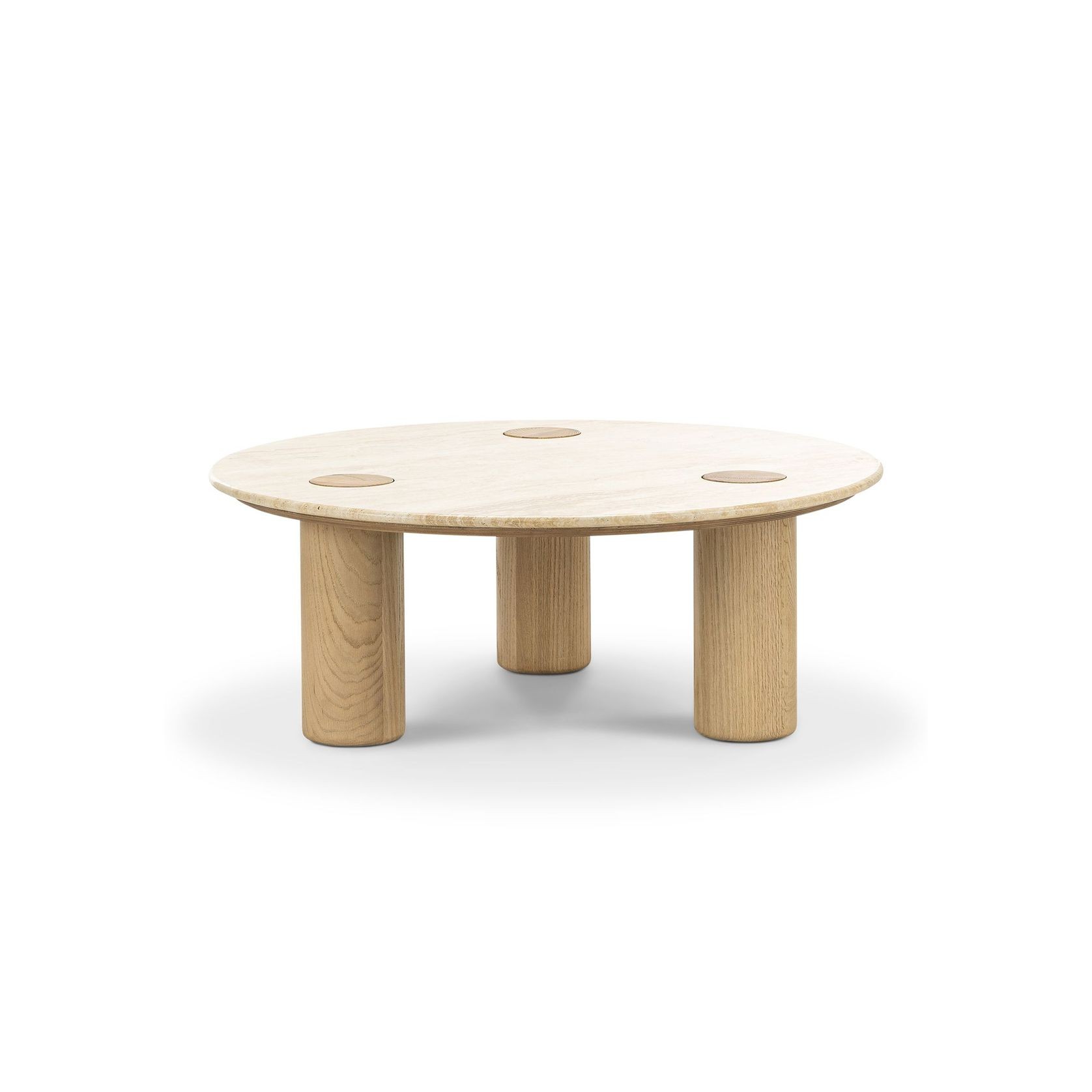 Ayra 100cm Round Travertine Coffee Table | Cream & Natural Oak gallery detail image