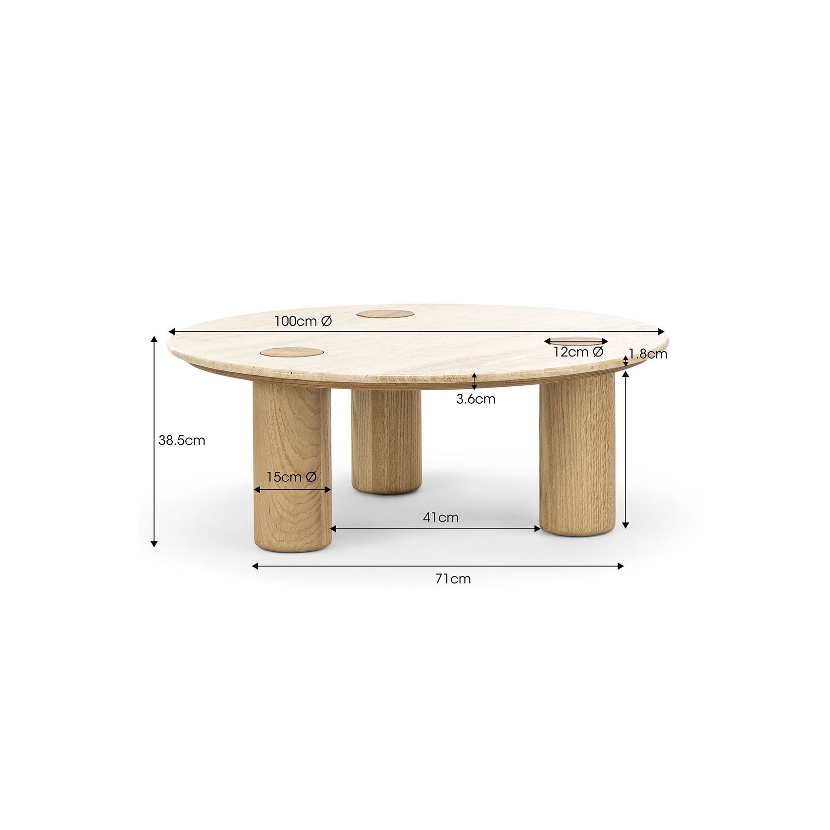 Ayra 100cm Round Travertine Coffee Table | Cream & Natural Oak gallery detail image