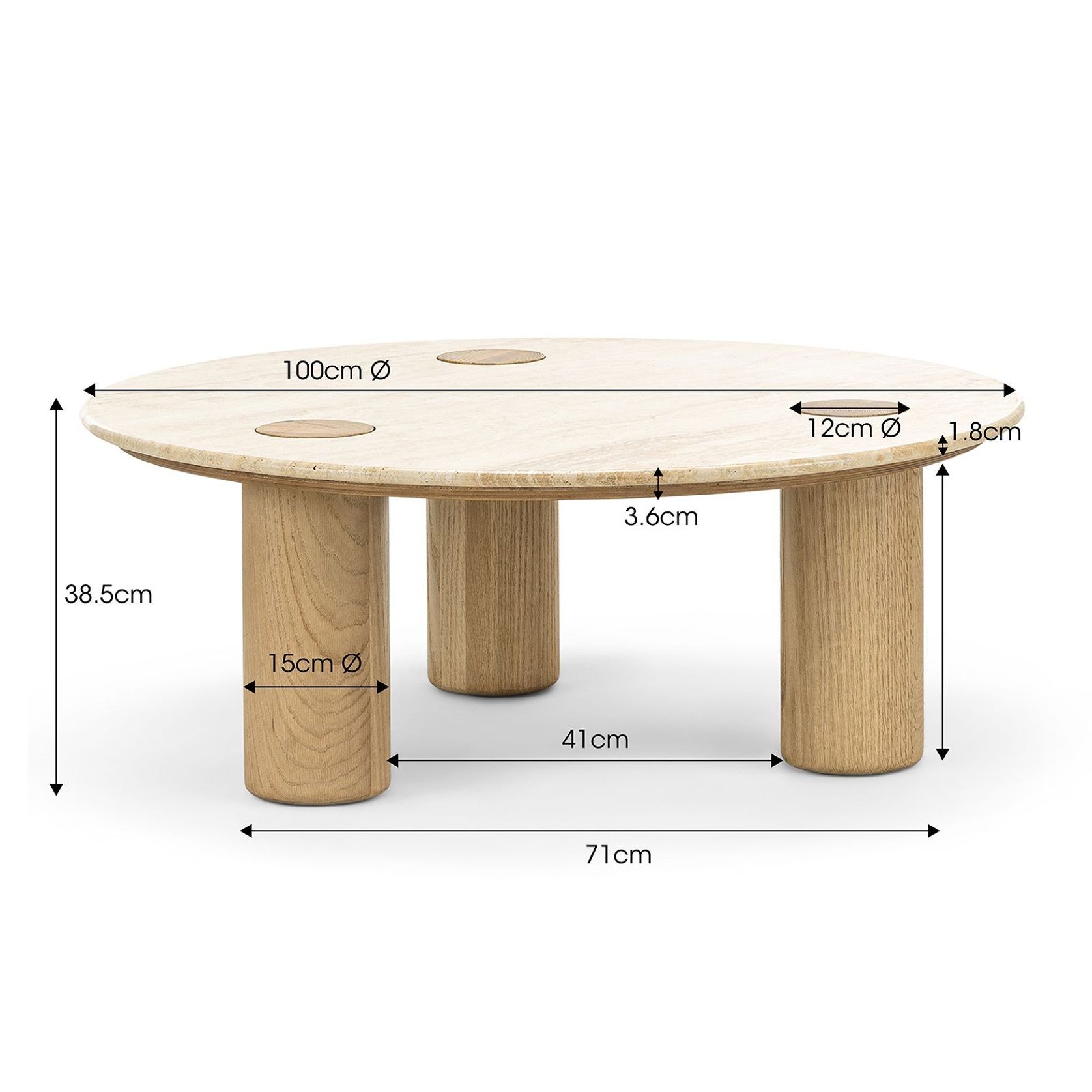 Ayra 100cm Round Travertine Coffee Table | Cream & Natural Oak gallery detail image