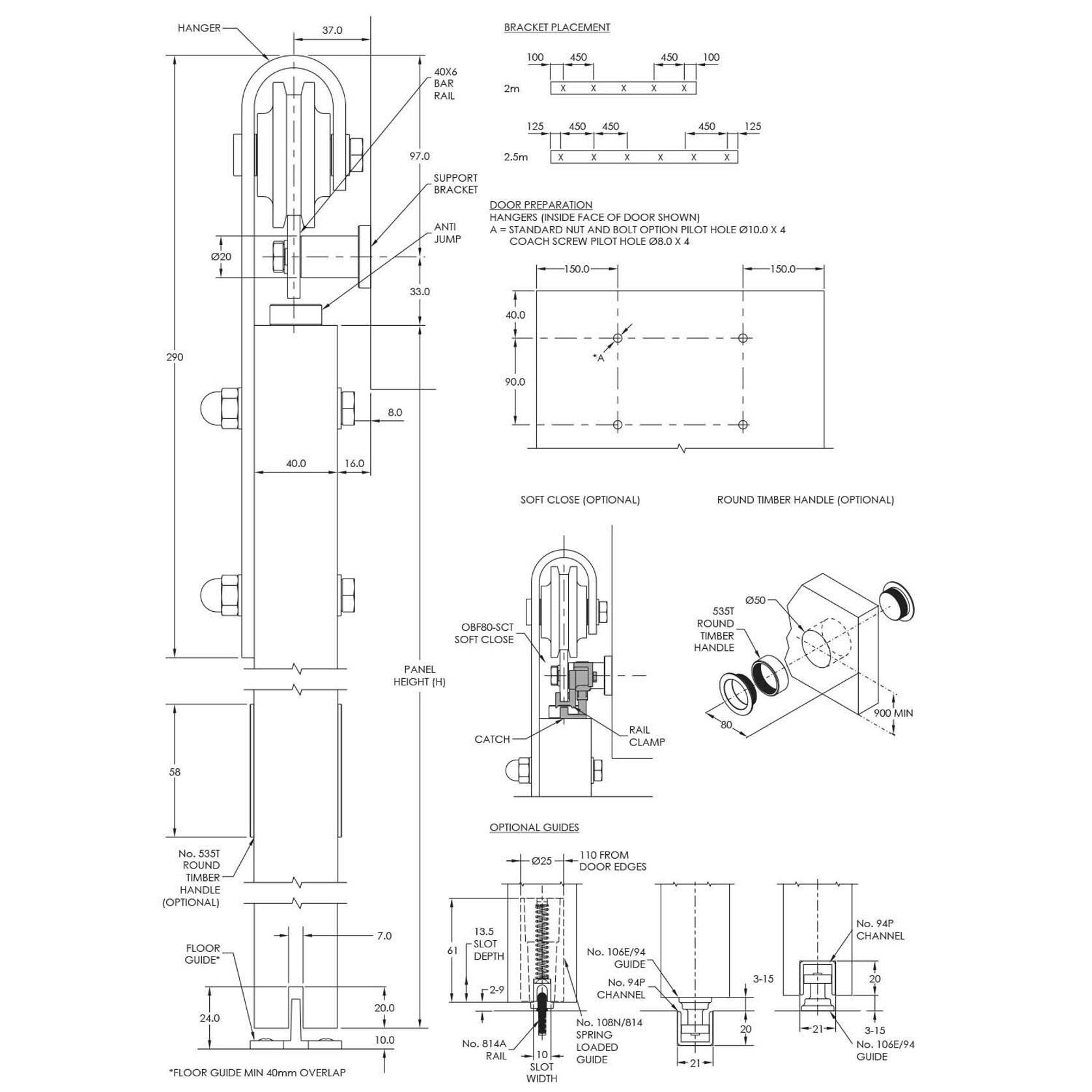 Brio Open Bar Rail Timber 80 2000mm Mild Steel Powder Coat Black For Top Hung Straight Sliding Panels OBF80-20PB gallery detail image