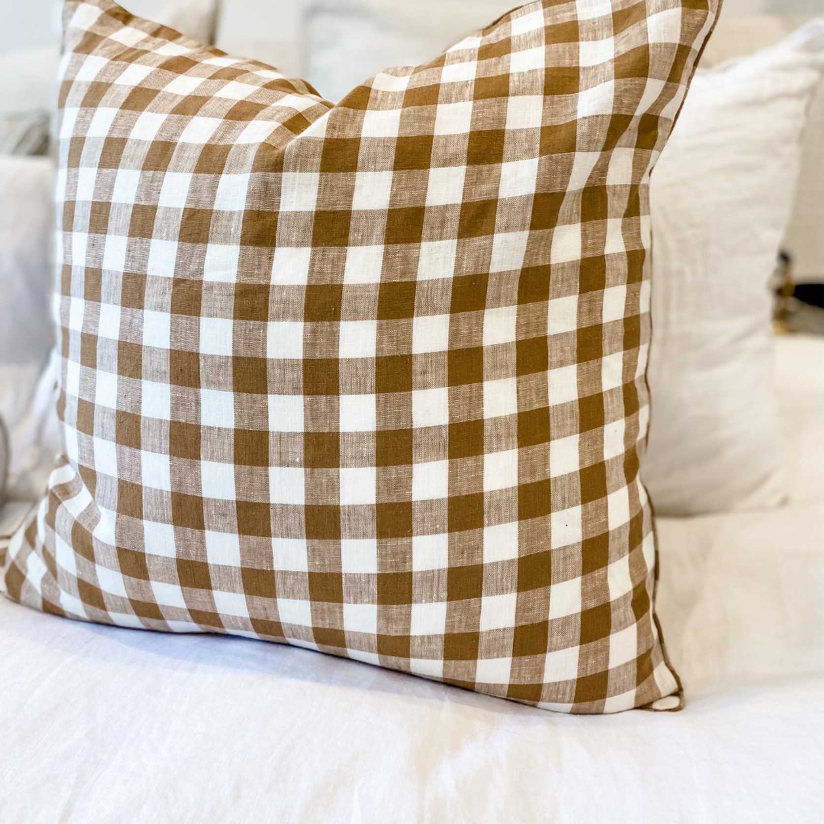 100% French Flax Linen Feather filled Cushion- Ginger Gingham gallery detail image
