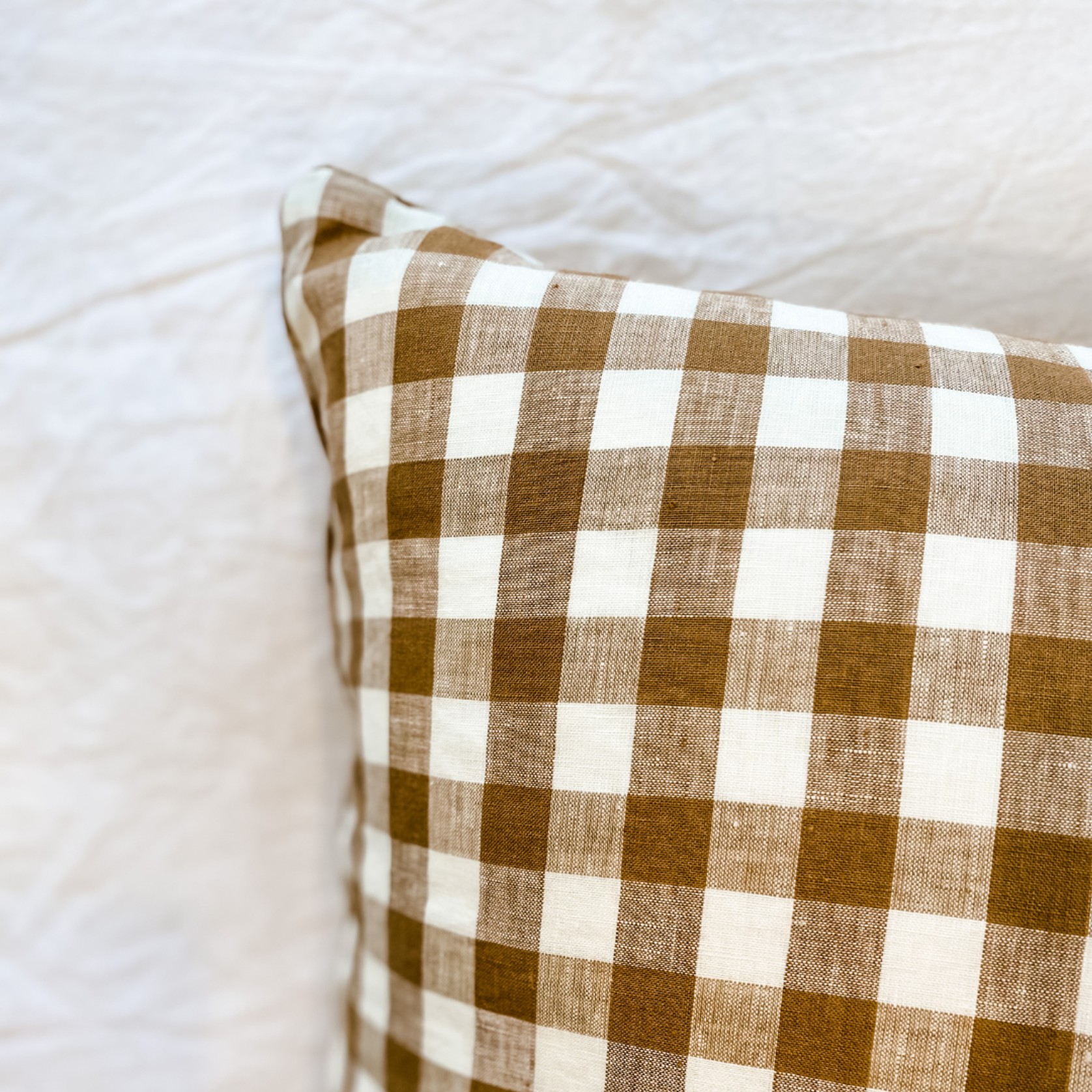 100% French Flax Linen Feather filled Cushion- Ginger Gingham gallery detail image