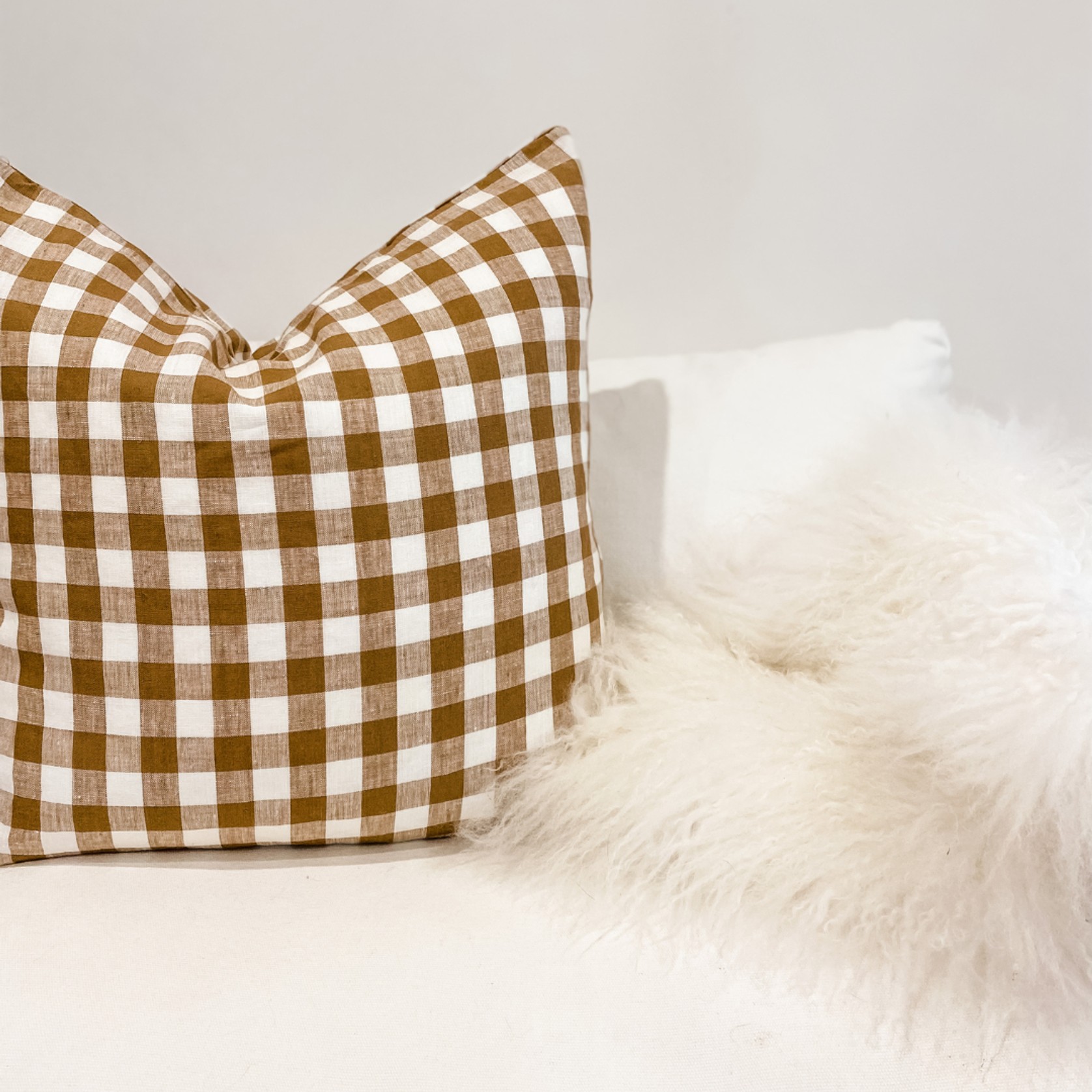 100% French Flax Linen Feather filled Cushion- Ginger Gingham gallery detail image