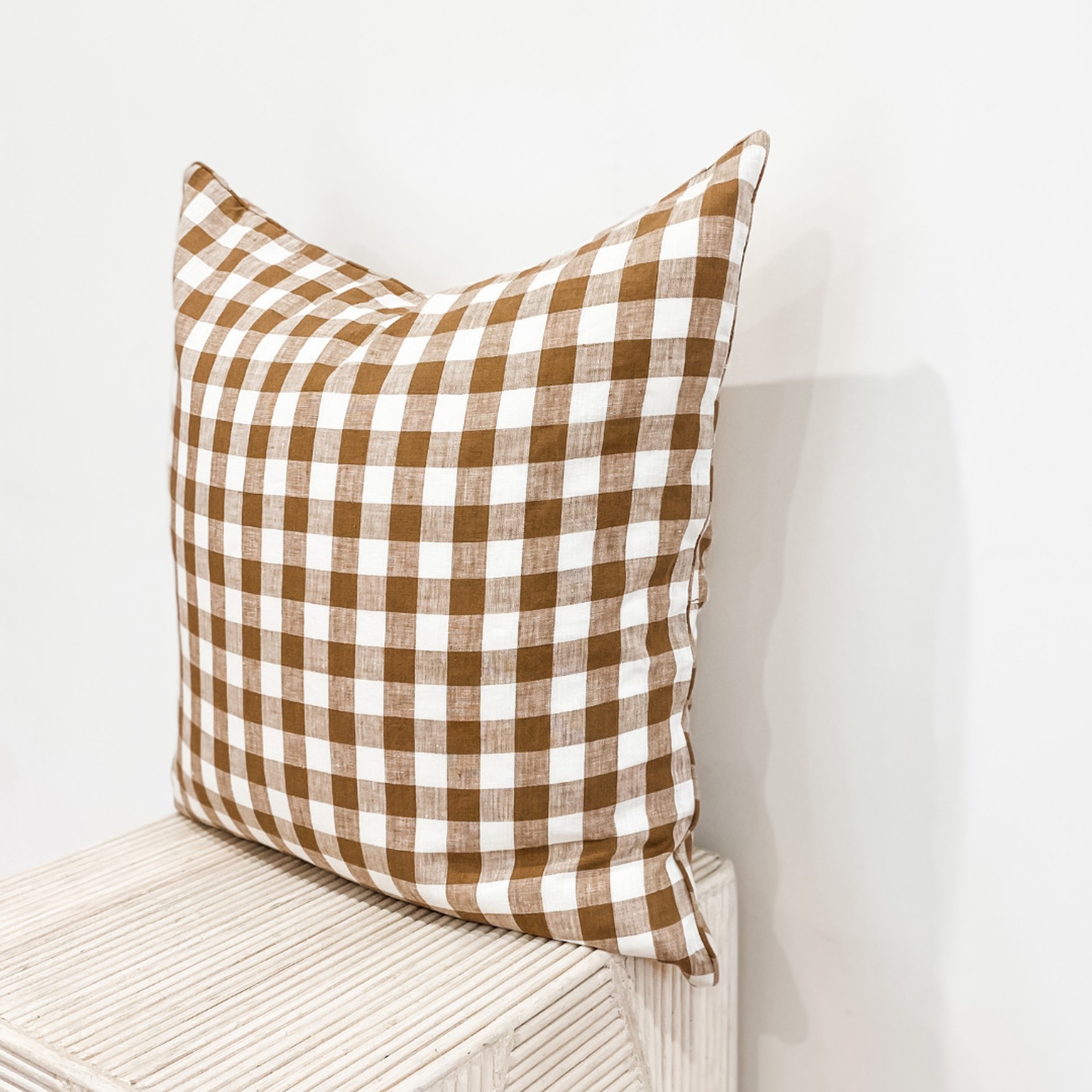 100% French Flax Linen Feather filled Cushion- Ginger Gingham gallery detail image