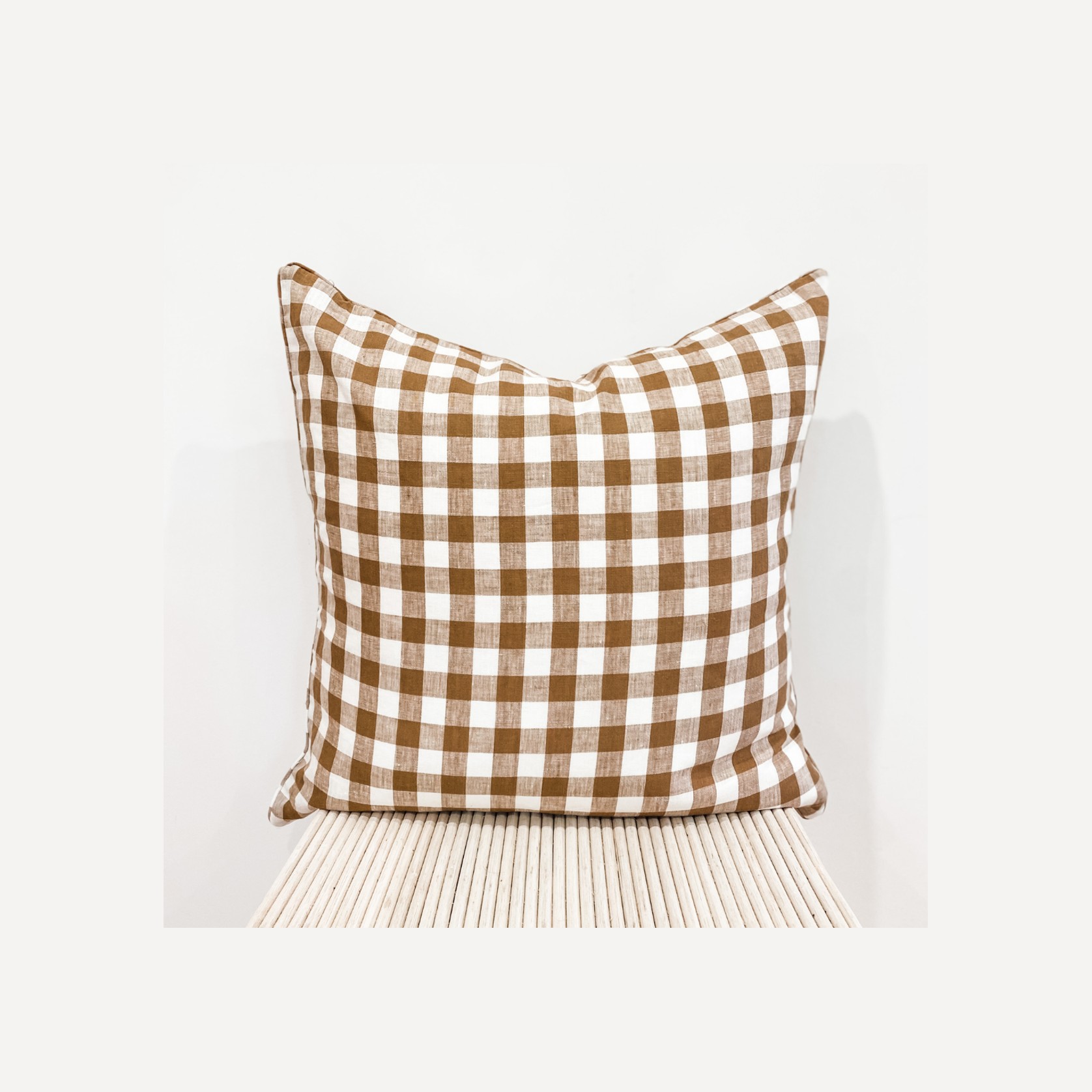 100% French Flax Linen Feather filled Cushion- Ginger Gingham gallery detail image