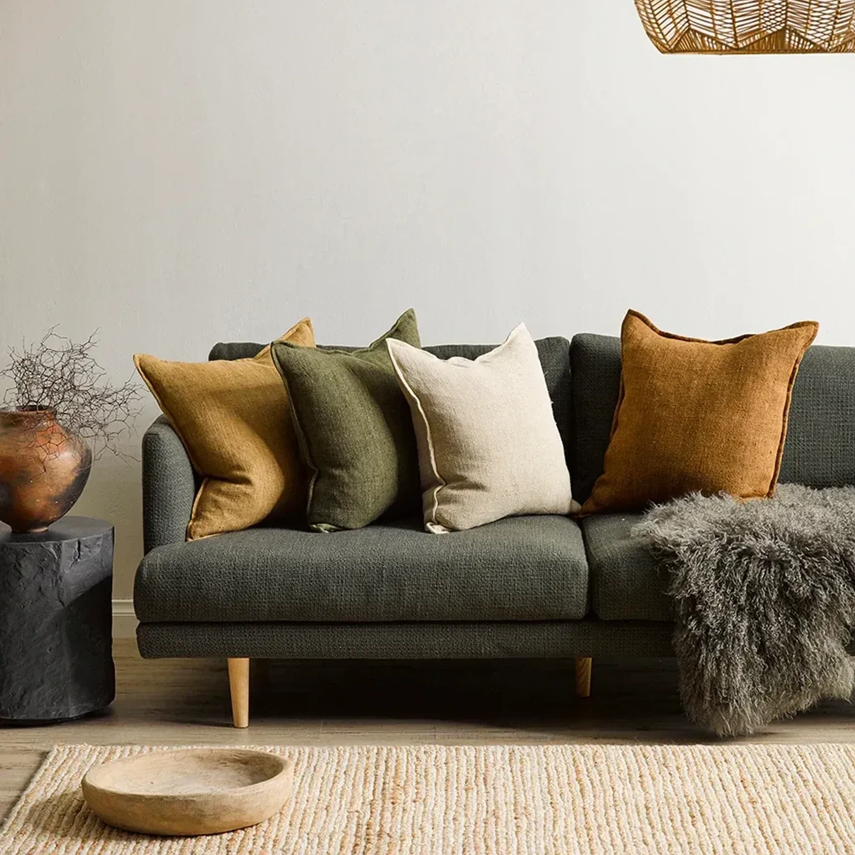 Baya Flaxmill Handwoven Linen Cushion - Winter Moss | Two Sizes gallery detail image