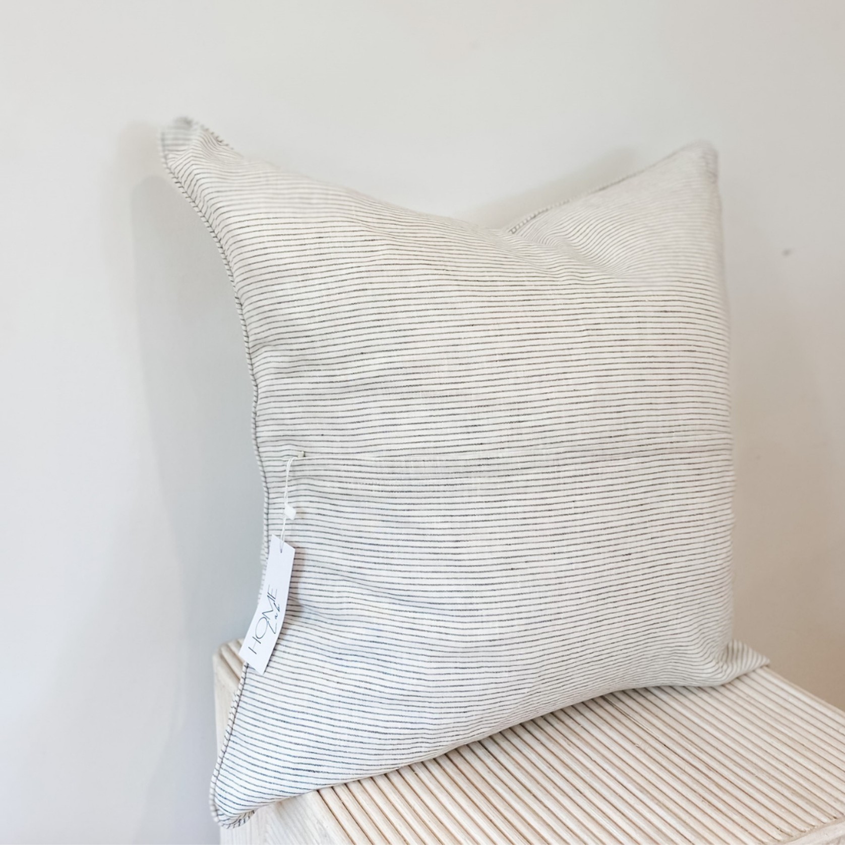 100% French Flax Linen Feather filled Cushion- Charcoal Pinstripe gallery detail image