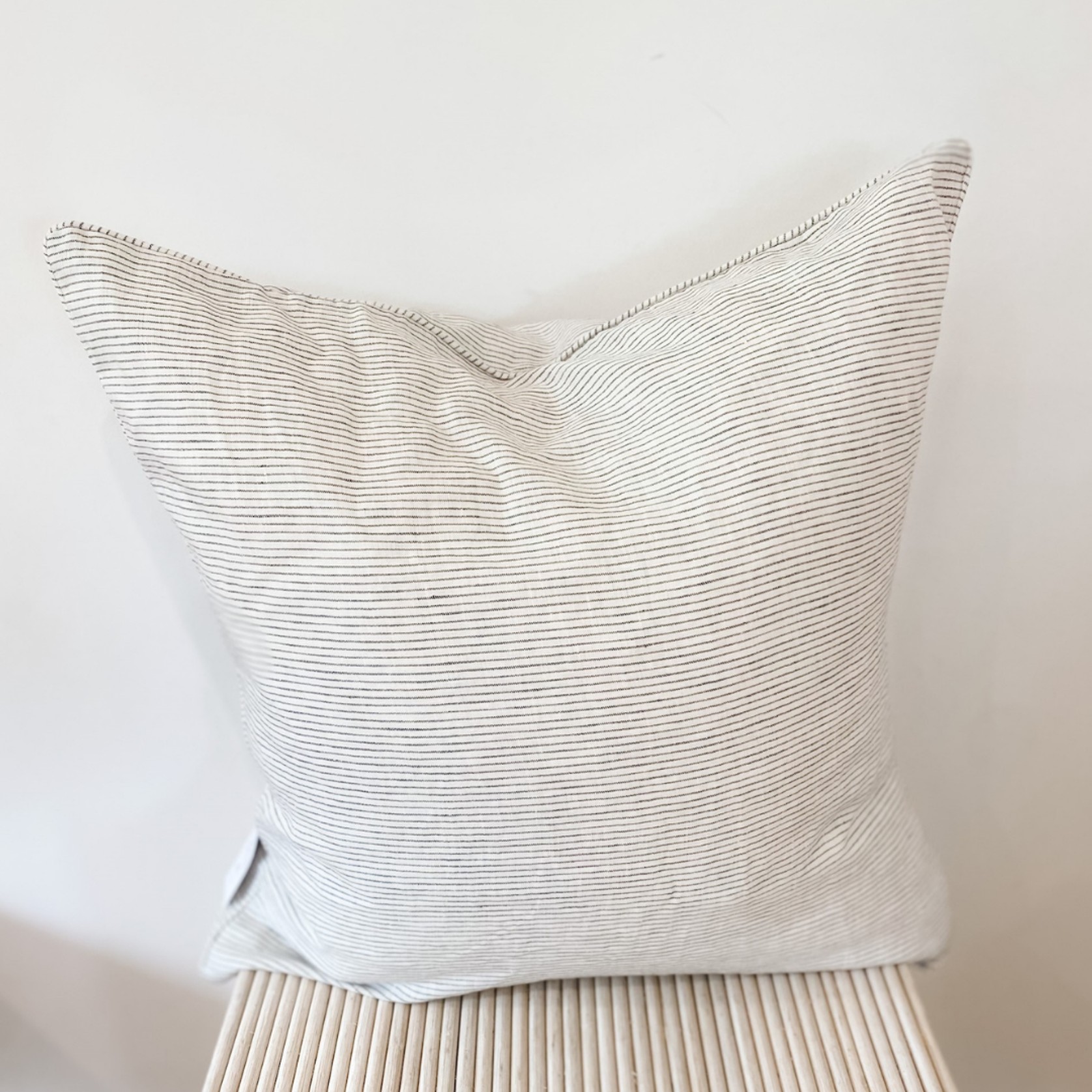 100% French Flax Linen Feather filled Cushion- Charcoal Pinstripe gallery detail image