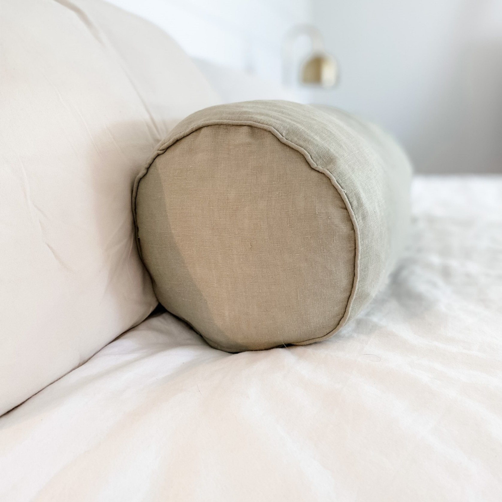 100% French Flax Linen Feather filled Bolster Cushion- Sage gallery detail image