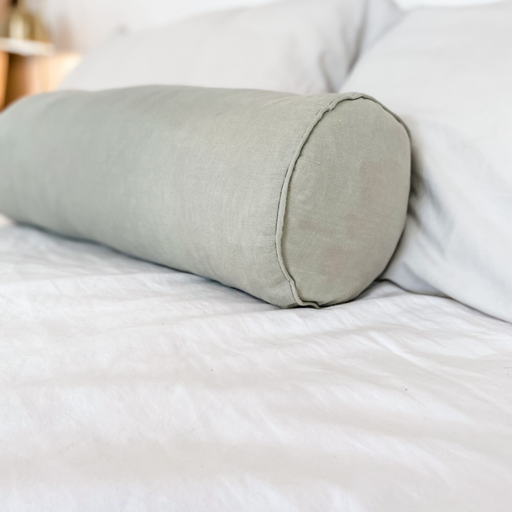 100% French Flax Linen Feather filled Bolster Cushion- Sage gallery detail image