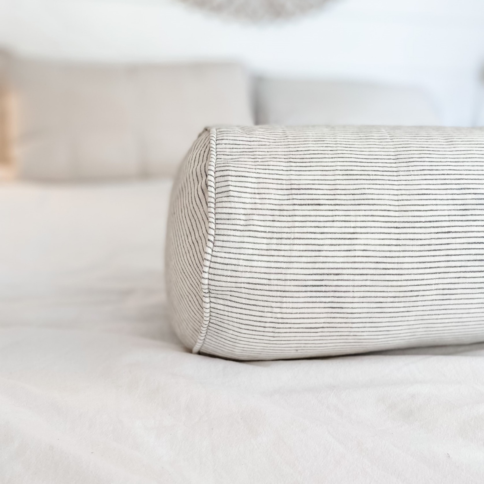 100% French Flax Linen Feather filled Bolster Cushion- Charcoal Pinstripe gallery detail image