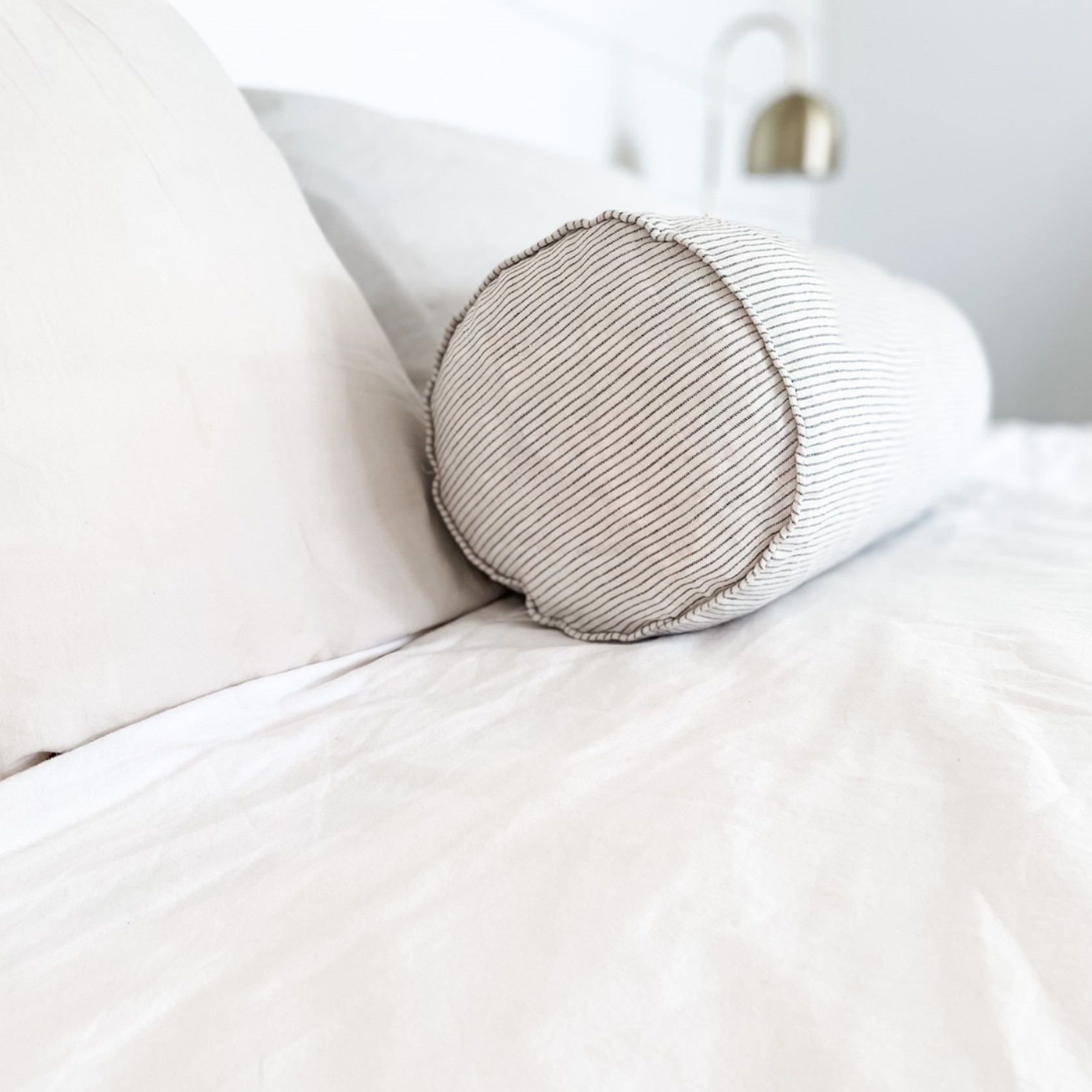 100% French Flax Linen Feather filled Bolster Cushion- Charcoal Pinstripe gallery detail image