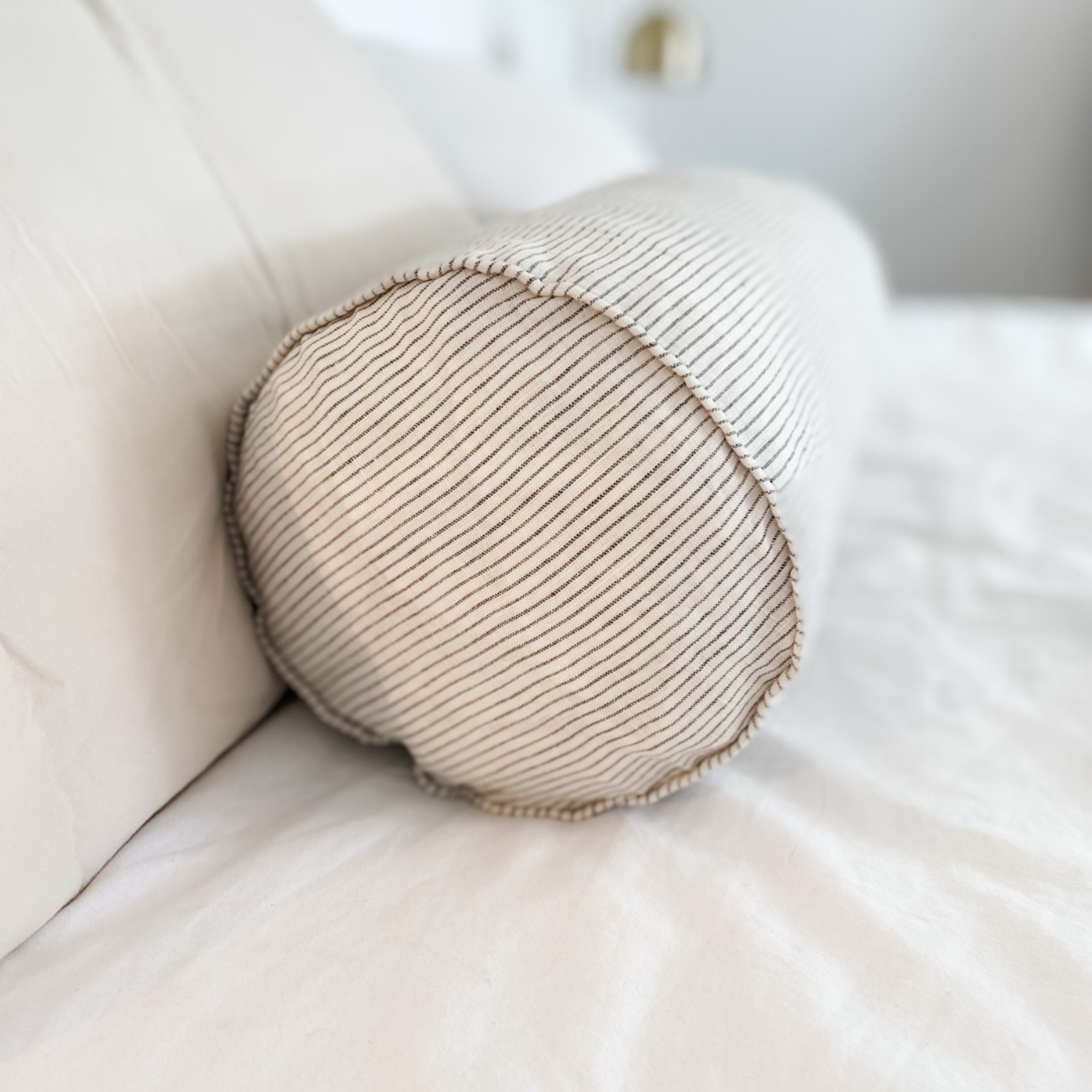 100% French Flax Linen Feather filled Bolster Cushion- Charcoal Pinstripe gallery detail image
