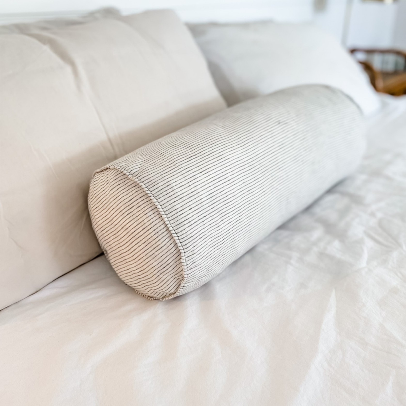100% French Flax Linen Feather filled Bolster Cushion- Charcoal Pinstripe gallery detail image