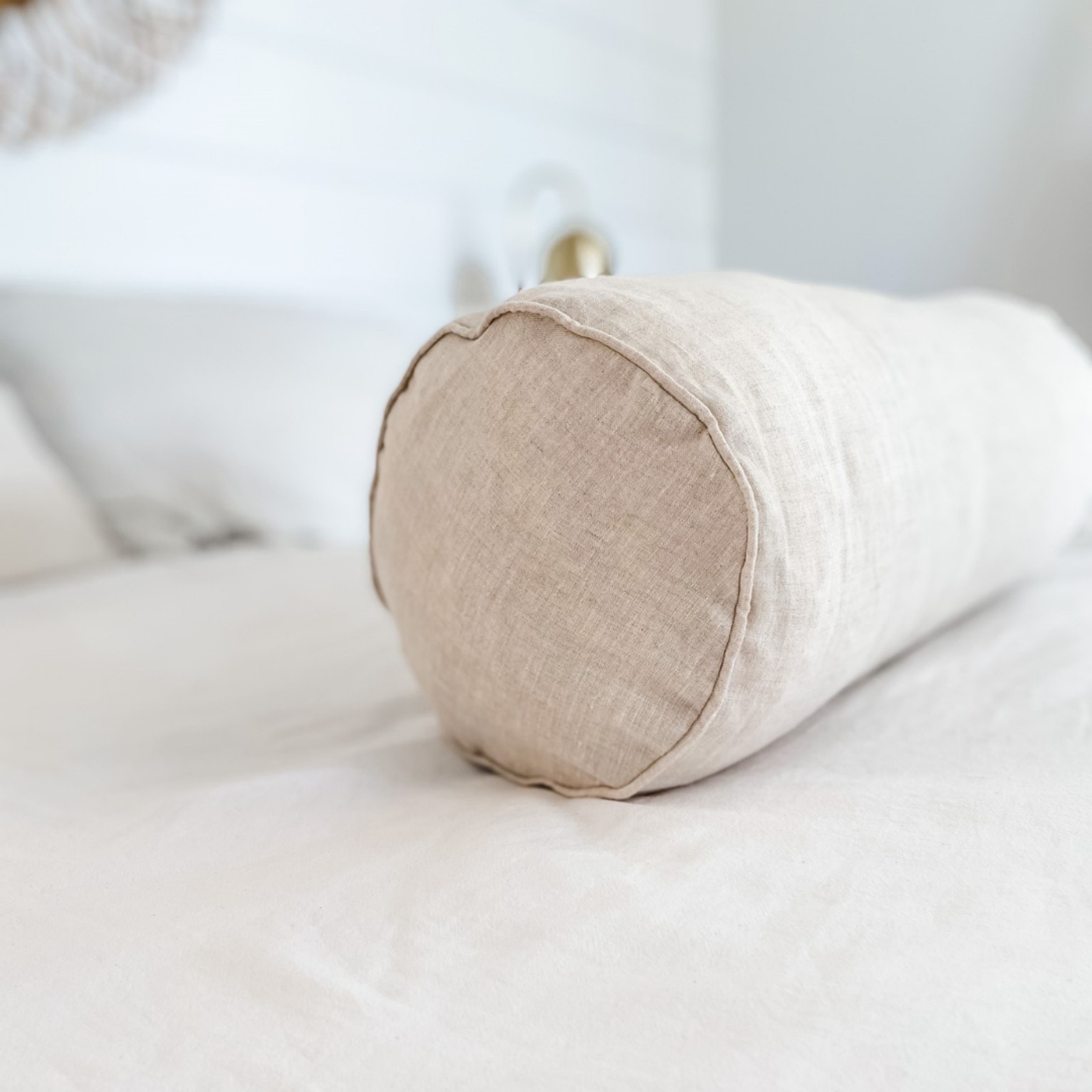 100% French Flax Linen Feather filled Bolster Cushion- Natural Oat gallery detail image